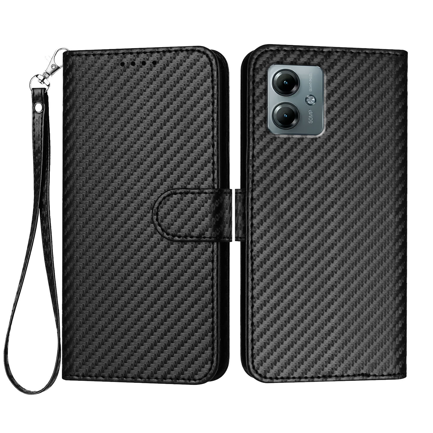 For Motorola Moto G Power (2025) / Motorola Moto G Play (2025) 5G Wallet Case with Strap Carbon Fiber Texture Leather Mobile Cover - Black