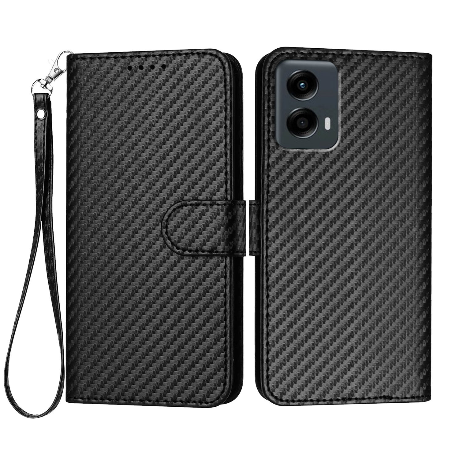 For Motorola Moto G 5G (2024) / Motorola Moto G Play 5G (2024) Wallet Case with Strap Carbon Fiber Texture Leather Mobile Cover - Black