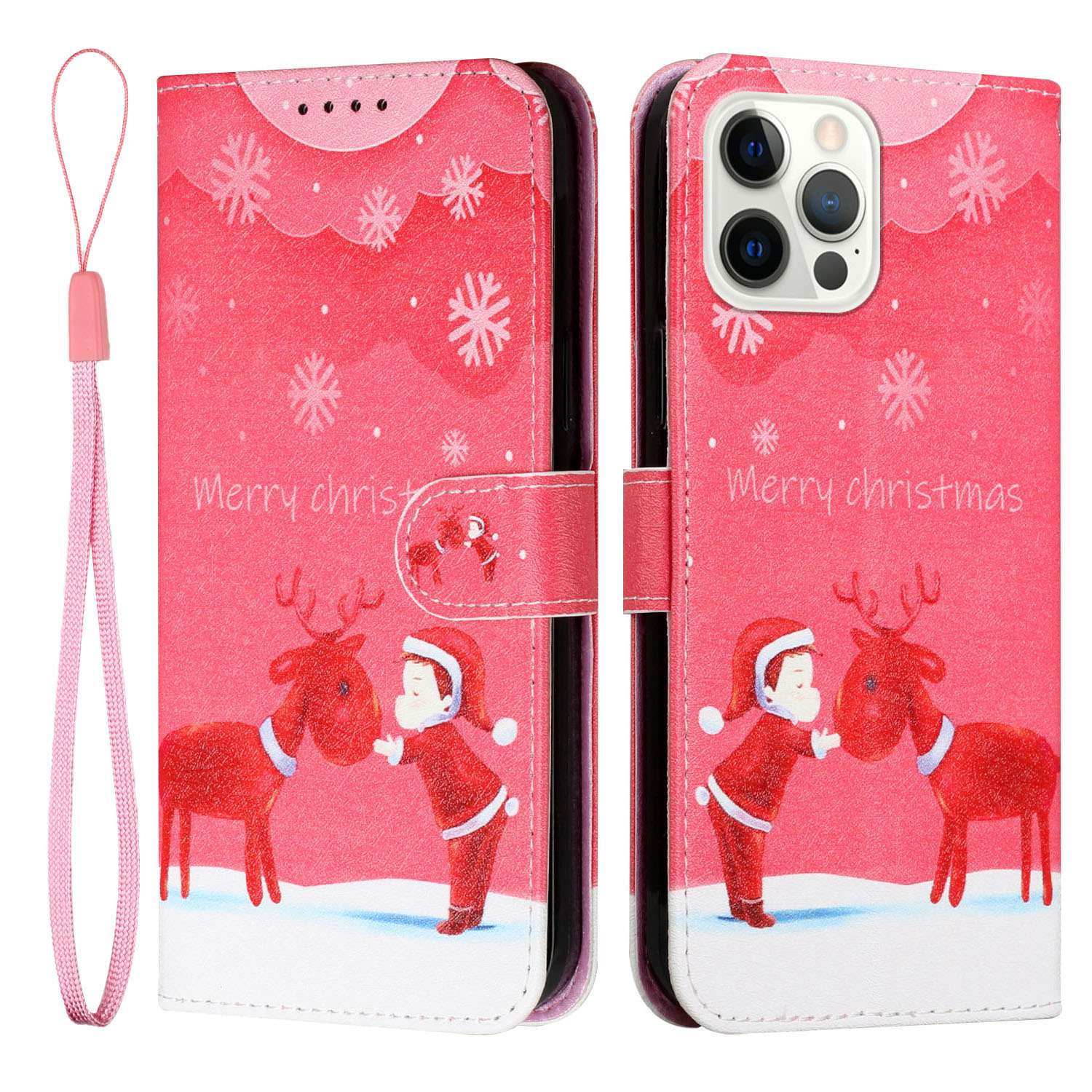 

Christmas Pattern Printed Cover for iPhone 14 Pro Max, Foldable Stand PU Leather Shockproof Wallet Case - Kid and Deer, iPhone 14 Pro Max