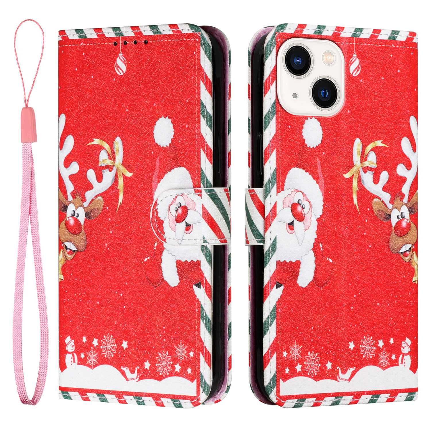

For iPhone 14 Christmas Pattern Printed PU Leather Wallet Stand Case Phone Shockproof Shell - Santa and Deer, iPhone 14