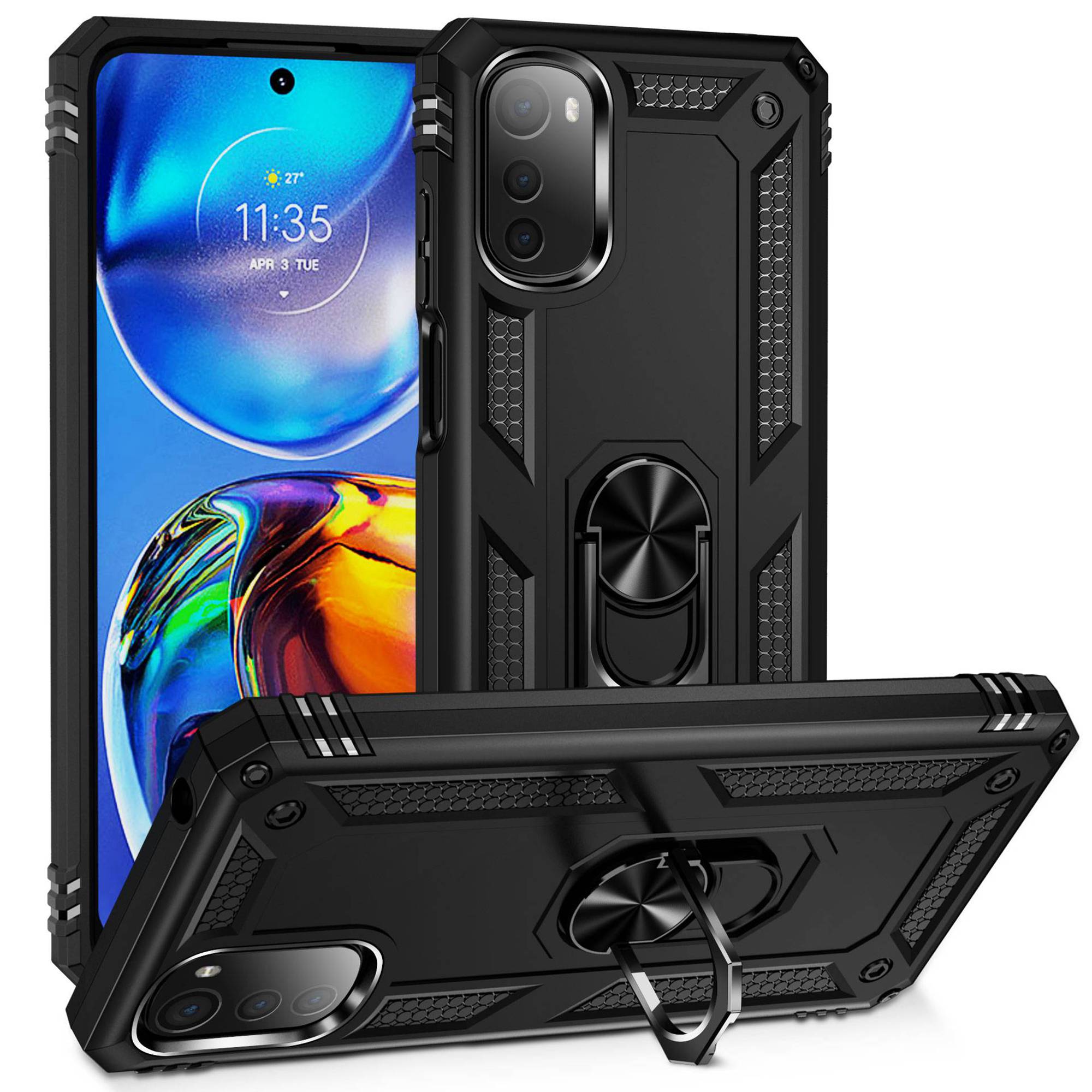 

Für Motorola Moto E32 4G Military Grade Drop-proof-hülle Ring Kickstand Design PC + Tpu-rückseite - Schwarz, Motorola Moto E32 4G