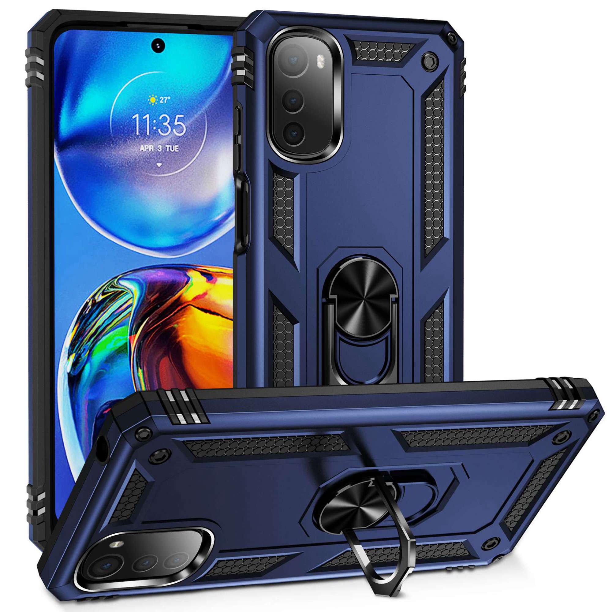 

Für Motorola Moto E32 4G Military Grade Drop-proof-hülle Ring Kickstand Design PC + Tpu-rückseite - Blau, Motorola Moto E32 4G