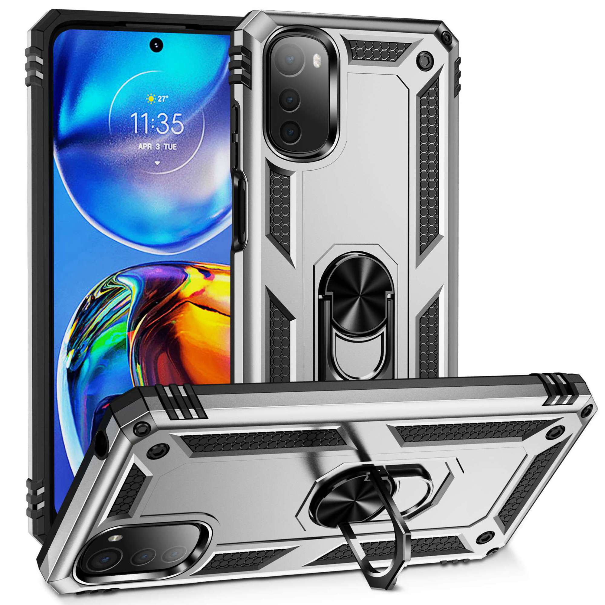 

Für Motorola Moto E32 4G Military Grade Drop-proof-hülle Ring Kickstand Design PC + Tpu-rückseite - Silber-, Motorola Moto E32 4G
