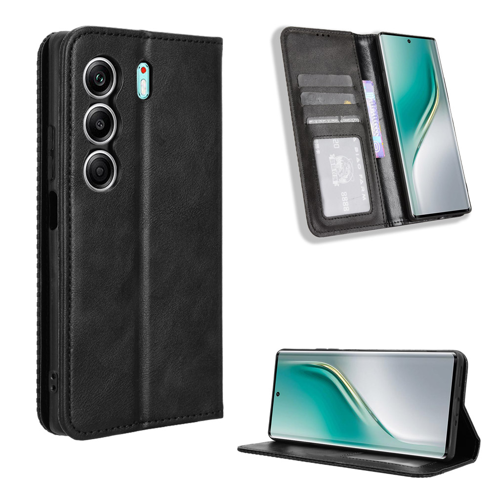 For TECNO Camon 40 Pro 4G / Camon 40 Pro 5G CM6 / CM7 Retro PU Leather Case Phone Wallet Stand Cover - Black