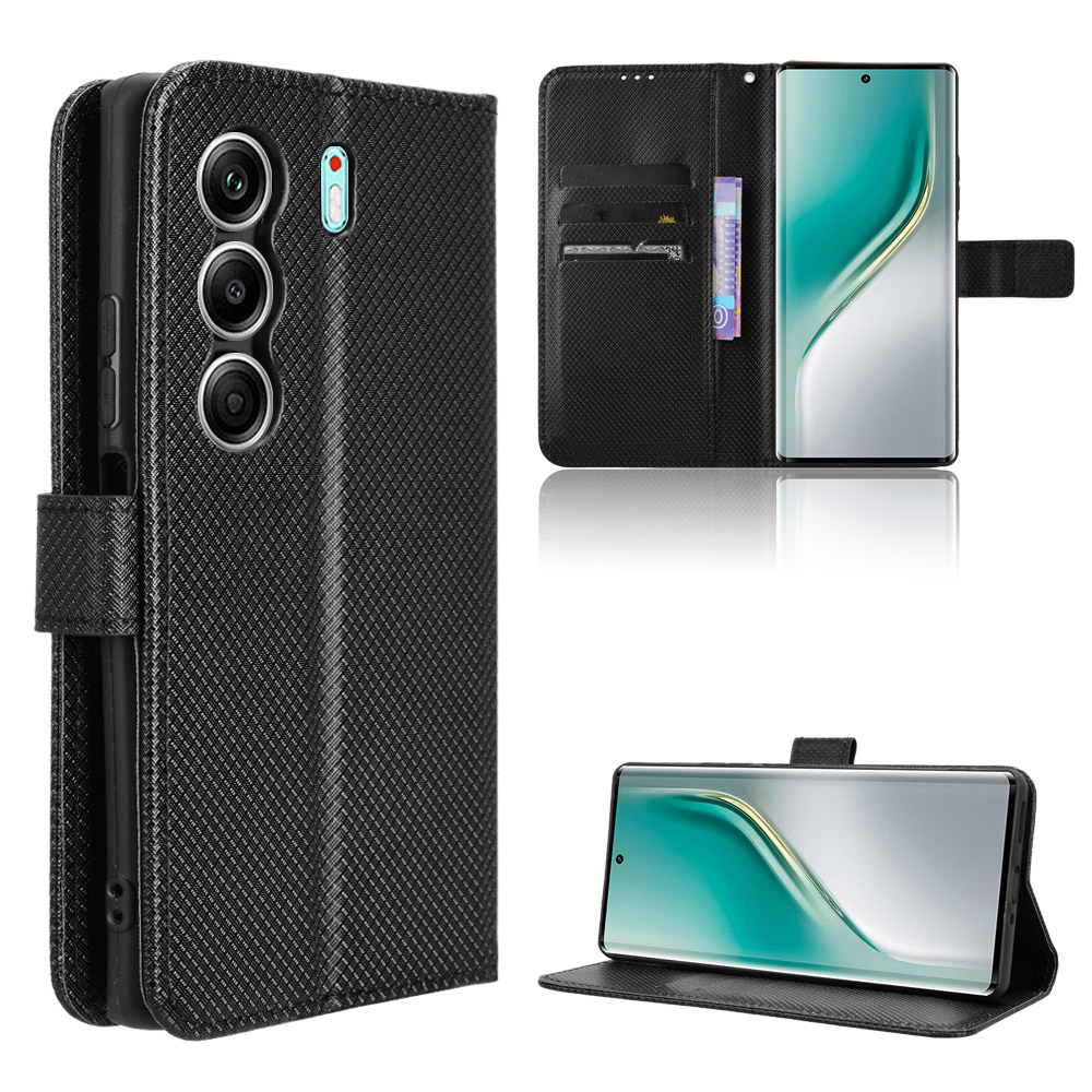 For TECNO Camon 40 Pro 4G / Camon 40 Pro 5G CM6 / CM7 Leather Wallet Case with Strap Diamond Texture Phone Cover - Black