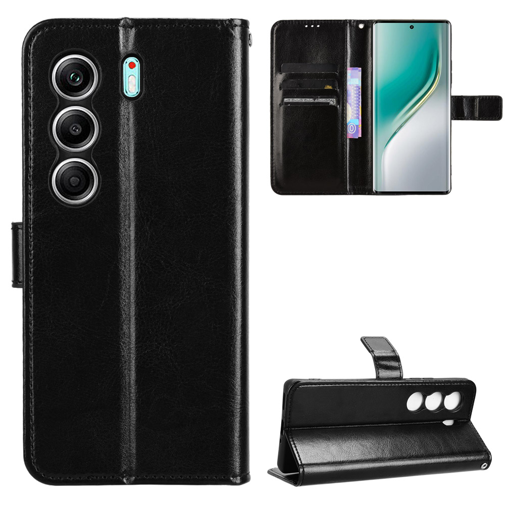 For TECNO Camon 40 Pro 4G / Camon 40 Pro 5G CM6 / CM7 PU Leather Case with Strap Crazy Horse Texture Phone Wallet Cover - Black