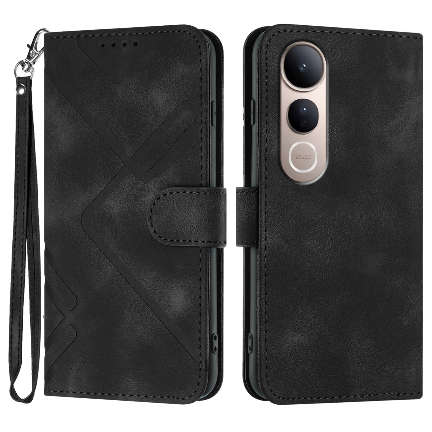 For vivo V50 Lite 5G Wallet Case Line Imprinted PU Leather Phone Cover with Strap - Black