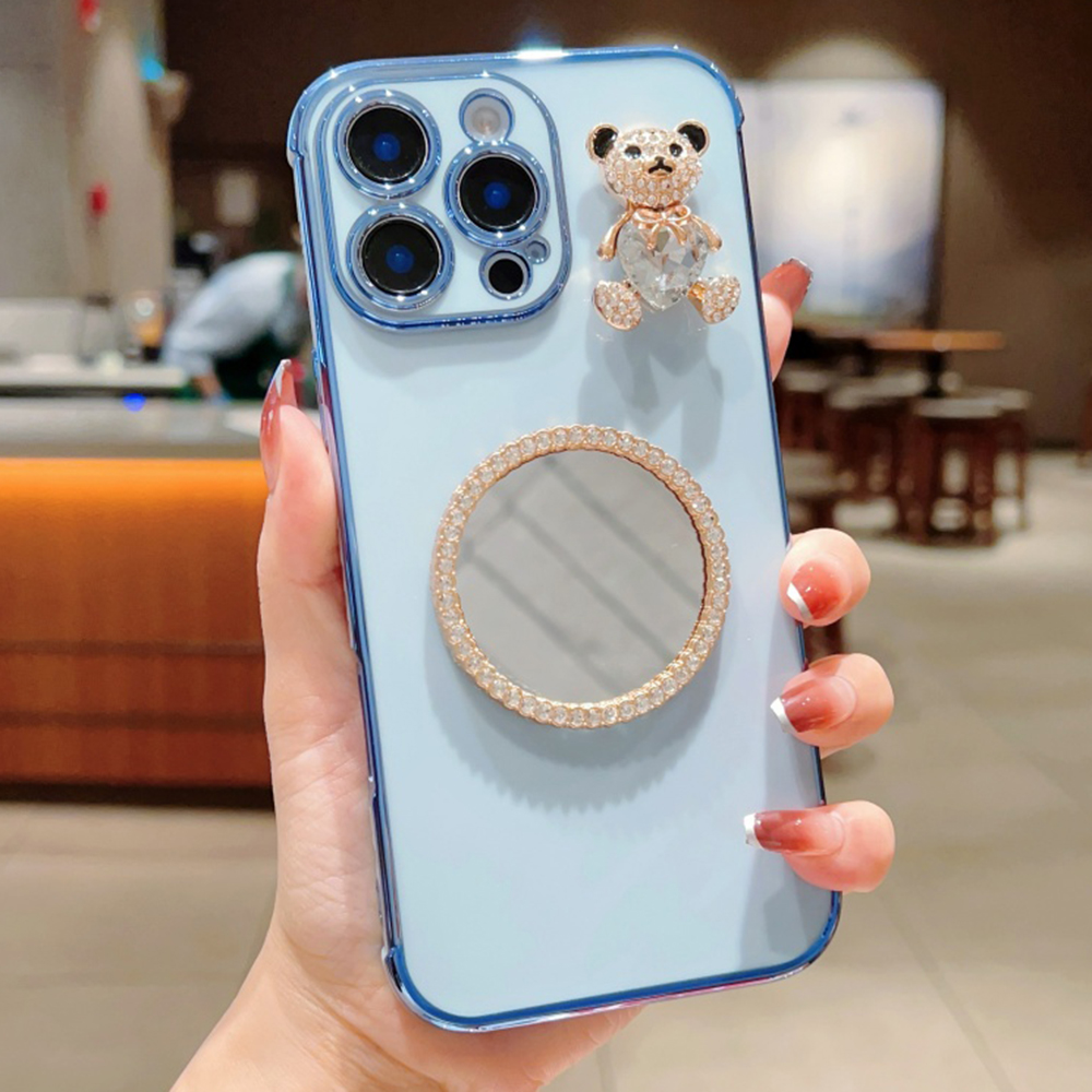 For iPhone 16 Pro Max Case Love Heart Pattern Electroplated TPU Phone Cover with Small Bear and Mirror - Blue