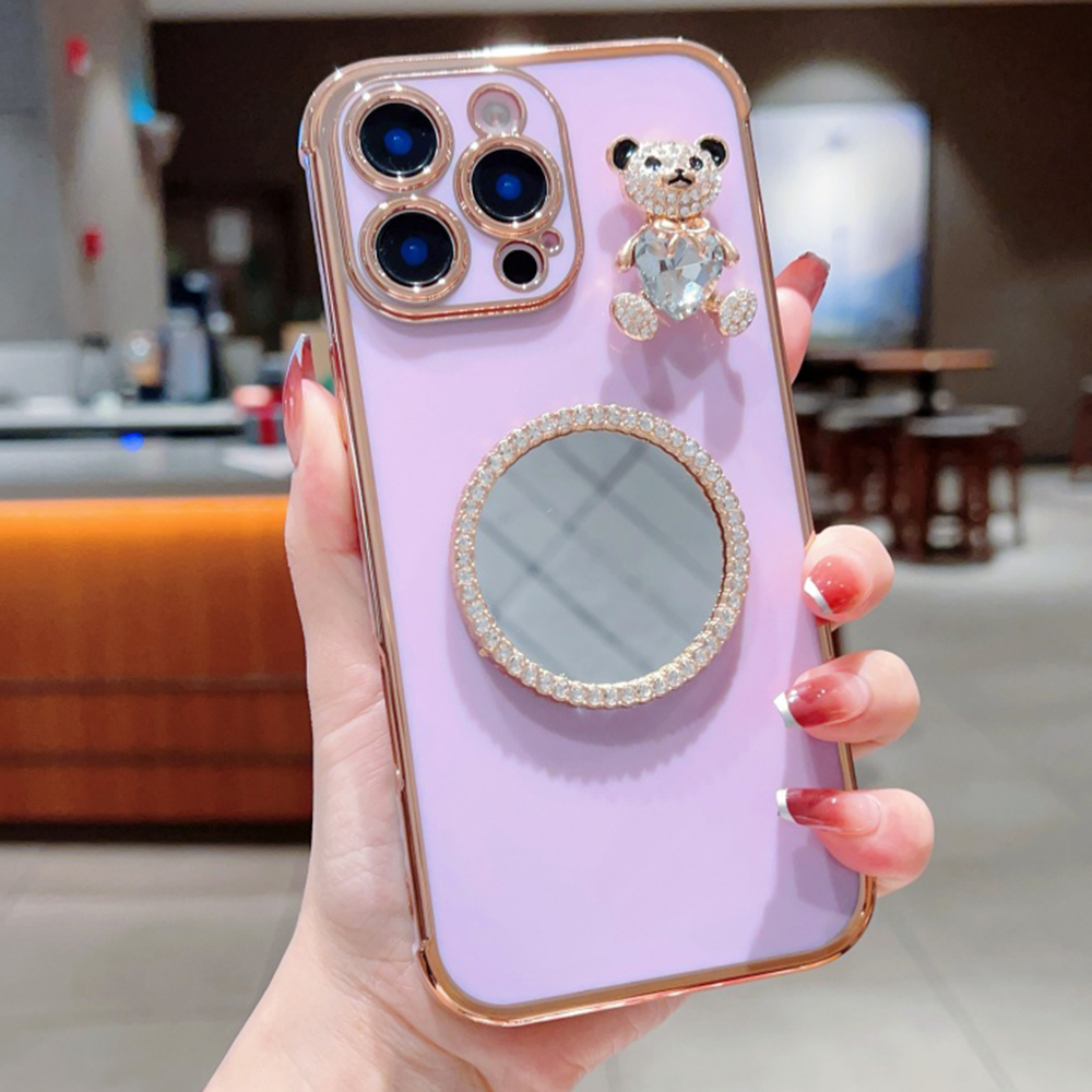 For iPhone 16 Pro Max Case Love Heart Pattern Electroplated TPU Phone Cover with Small Bear and Mirror - Lavender Purple