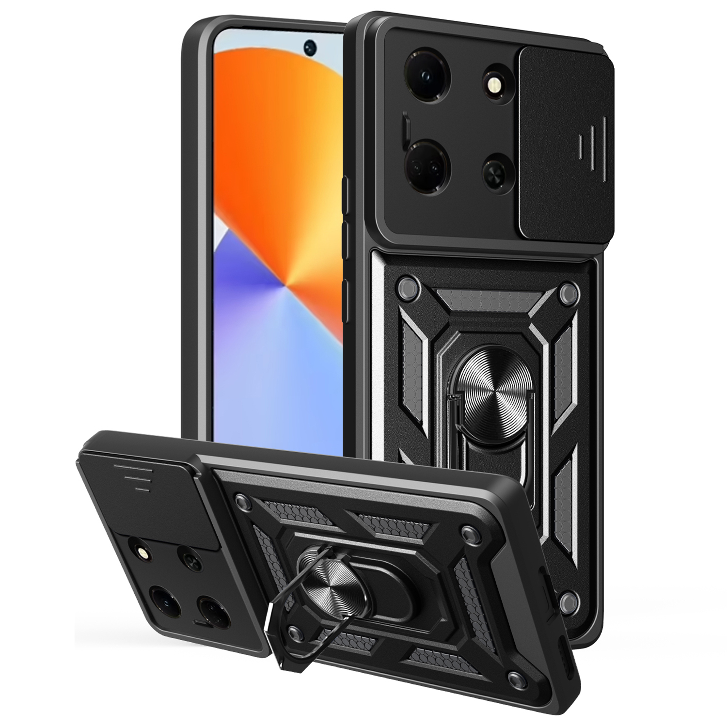 For Infinix Note 30 5G Case with Slide Camera Lid PC + TPU Kickstand Phone Cover - Black