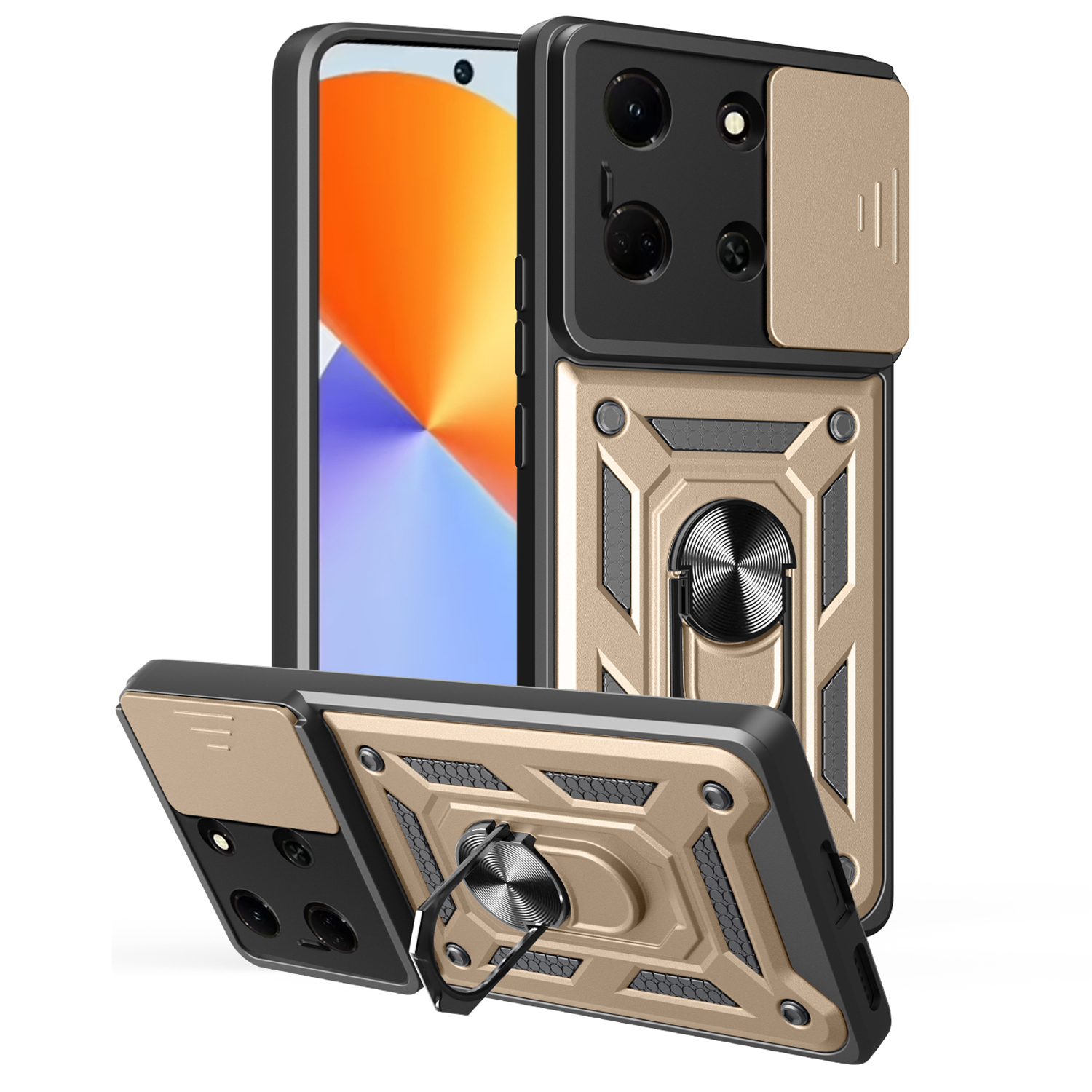 For Infinix Note 30 5G Case with Slide Camera Lid PC + TPU Kickstand Phone Cover - Gold