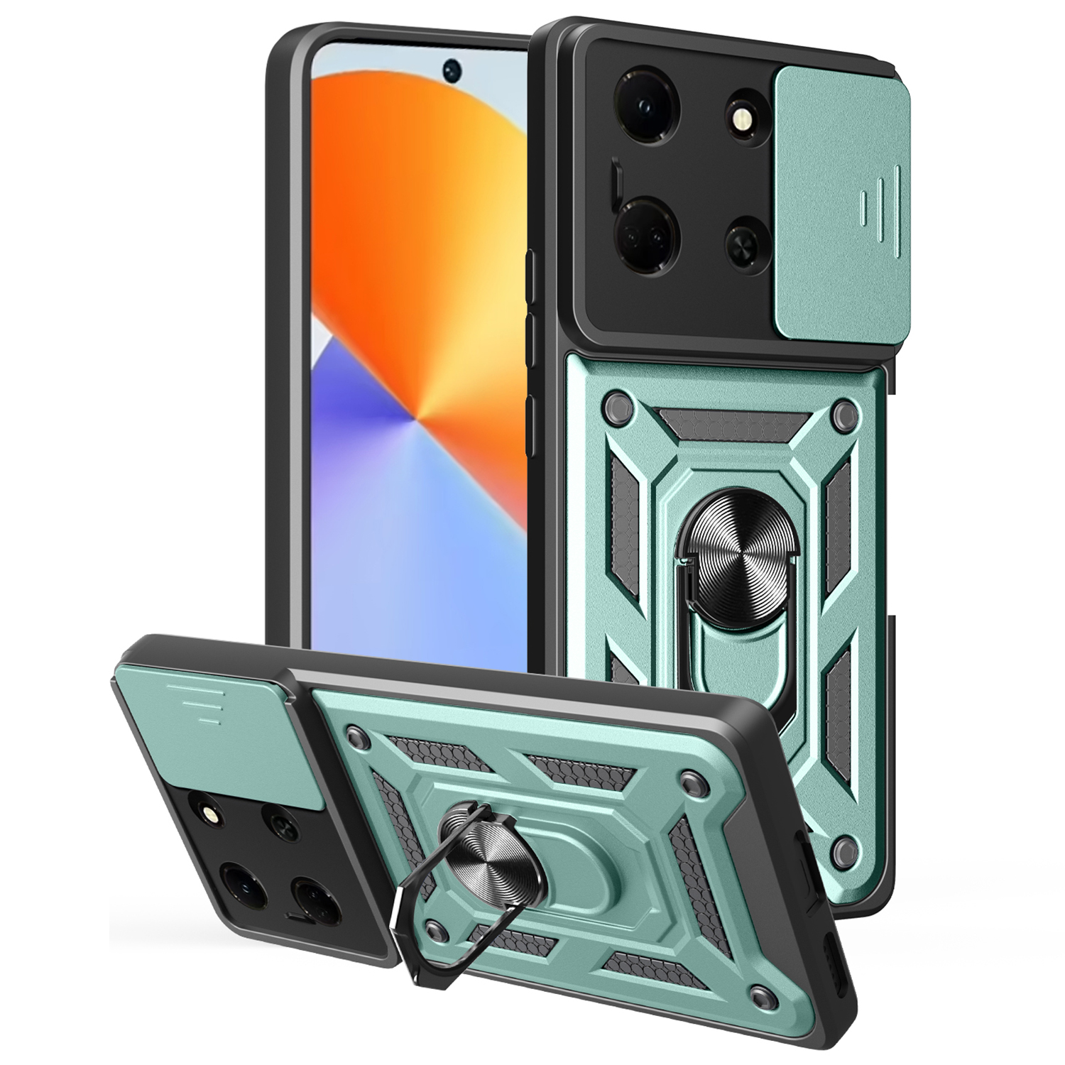 For Infinix Note 30 5G Case with Slide Camera Lid PC + TPU Kickstand Phone Cover - Green