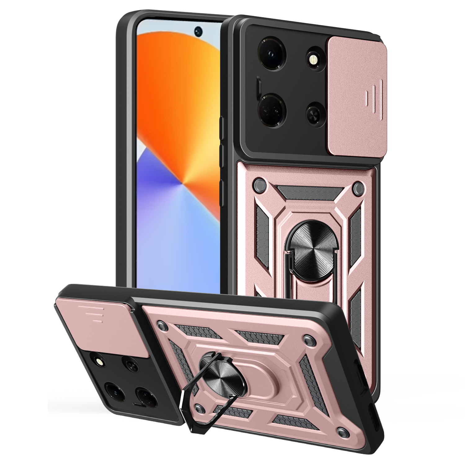 For Infinix Note 30 5G Case with Slide Camera Lid PC + TPU Kickstand Phone Cover - Rose Gold