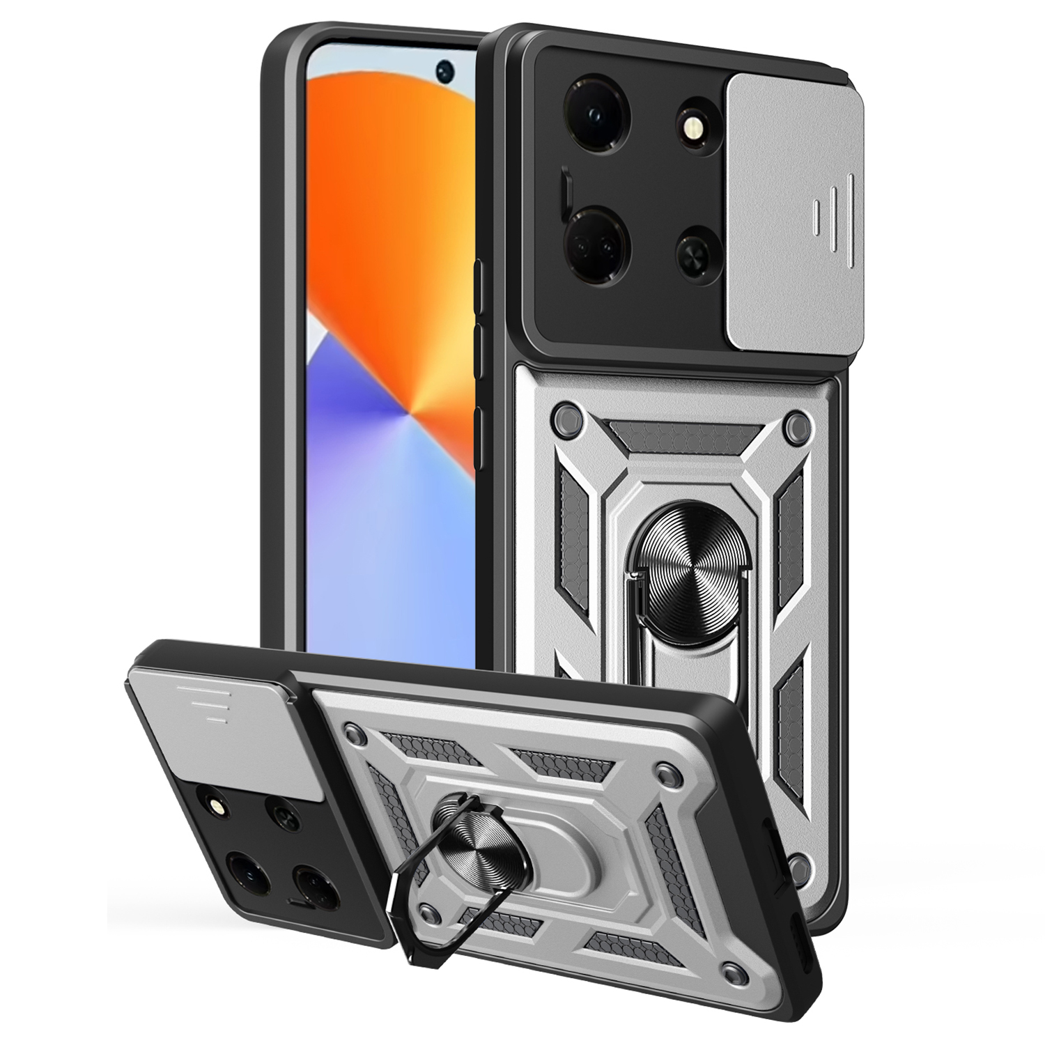 For Infinix Note 30 5G Case with Slide Camera Lid PC + TPU Kickstand Phone Cover - Silver