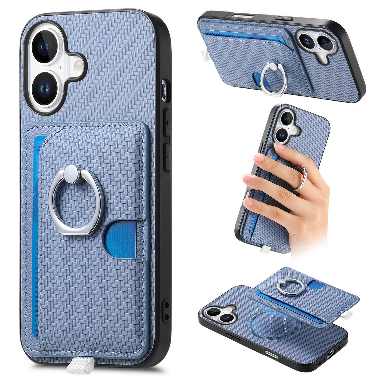 For iPhone 17e / 16e Case Ring Kickstand Leather Back Cover with Magnetic Detachable Card Holder - Blue