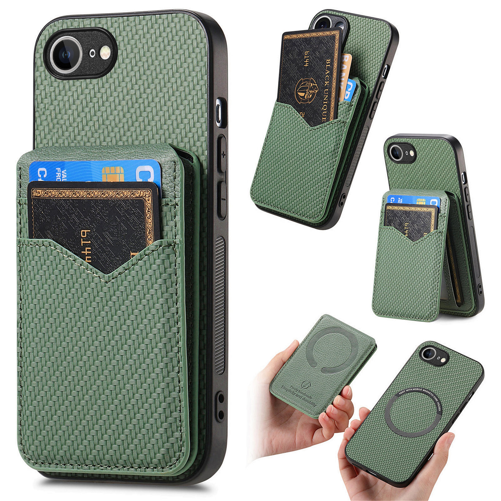 For iPhone 17e / 16e Magnetic Case Carbon Fiber Texture Back Cover with Detachable Card Holder - Green