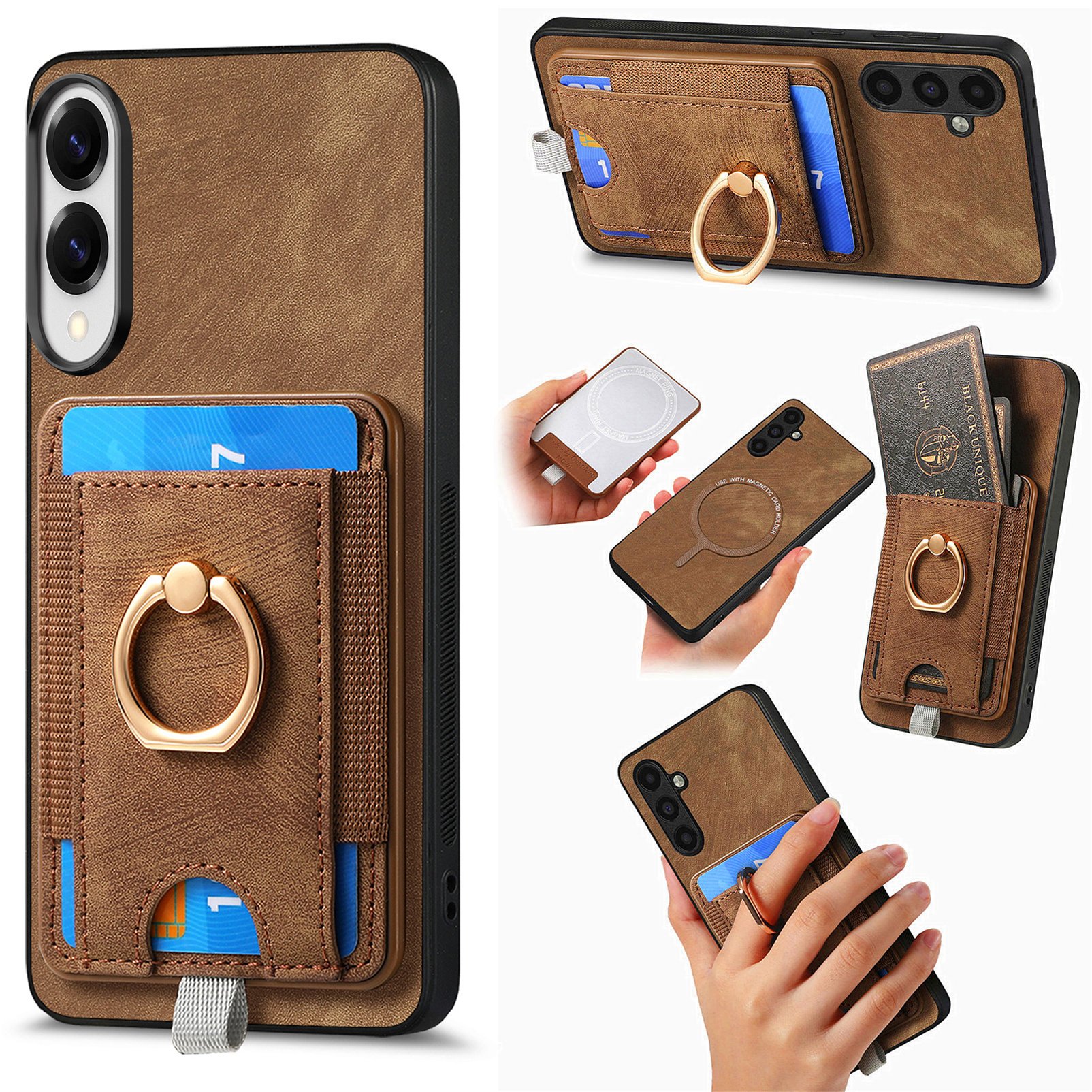 For Samsung Galaxy S25 Edge Magnetic Case PU Leather Back Cover with Detachable Card Holder - Brown