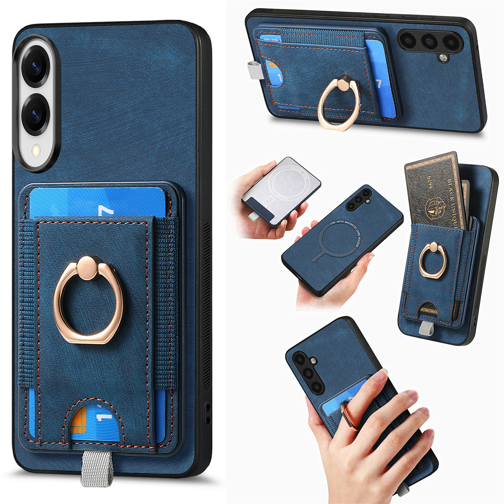 For Samsung Galaxy S25 Edge Magnetic Case PU Leather Back Cover with Detachable Card Holder - Blue