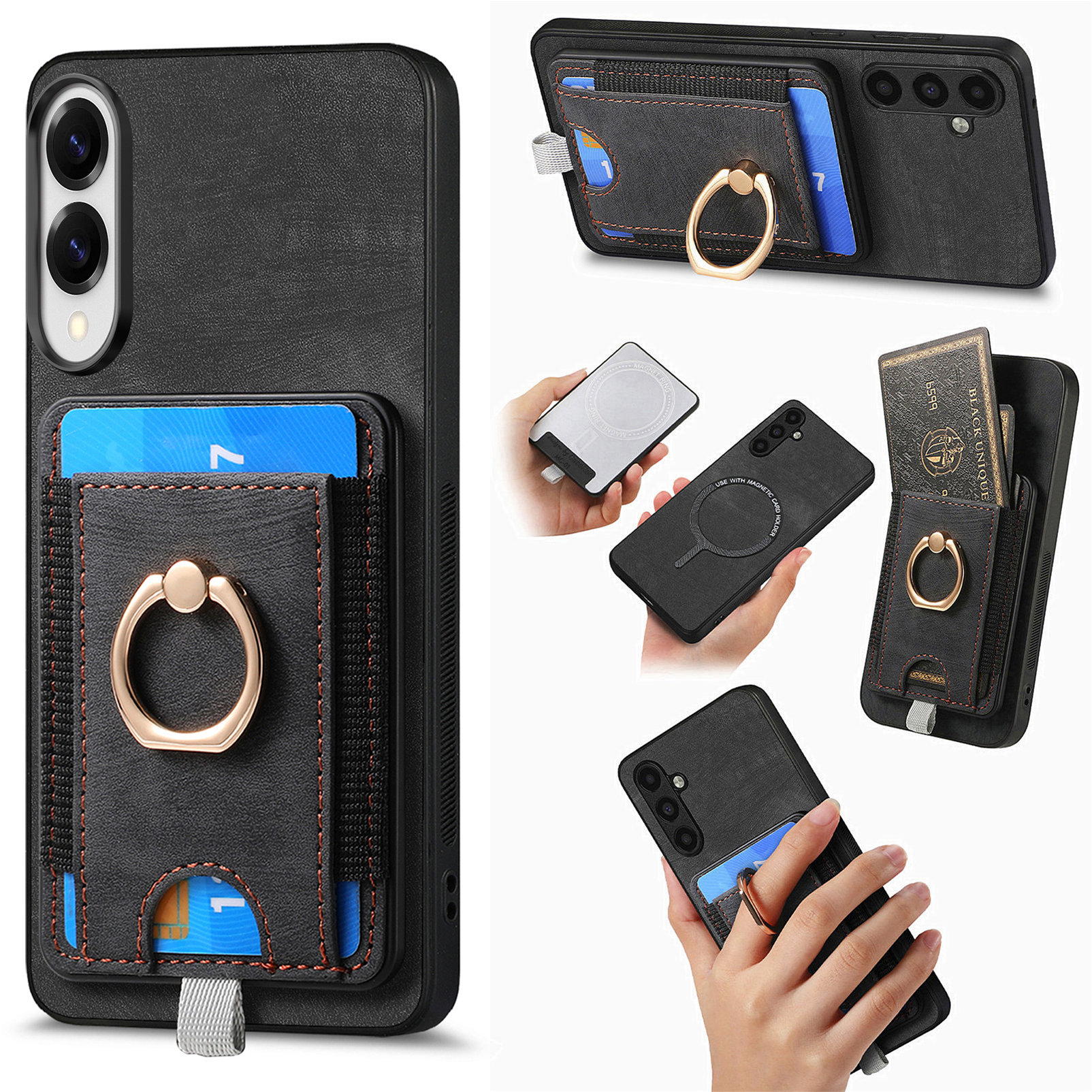 For Samsung Galaxy S25 Edge Magnetic Case PU Leather Back Cover with Detachable Card Holder - Black