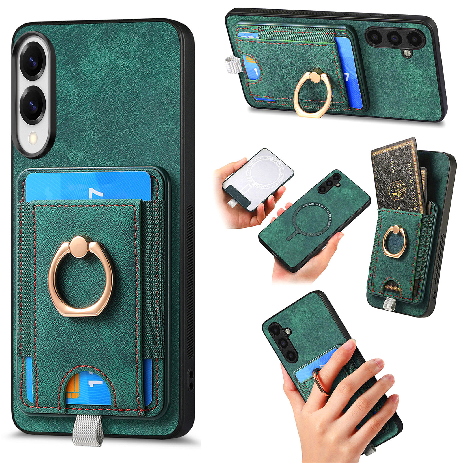 For Samsung Galaxy S25 Edge Magnetic Case PU Leather Back Cover with Detachable Card Holder - Green