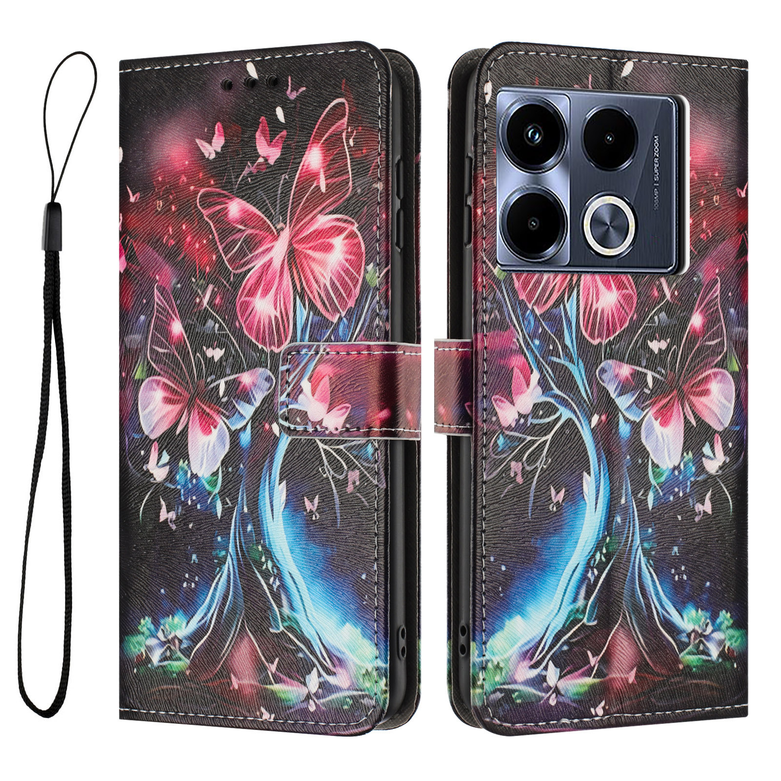 YX-2501 Leather Case For Infinix Note 40 Pro+  /  Note 40 Pro 5G  /  4G Pattern Printing Wallet Phone Cover with Lanyard - Butterfly Tree