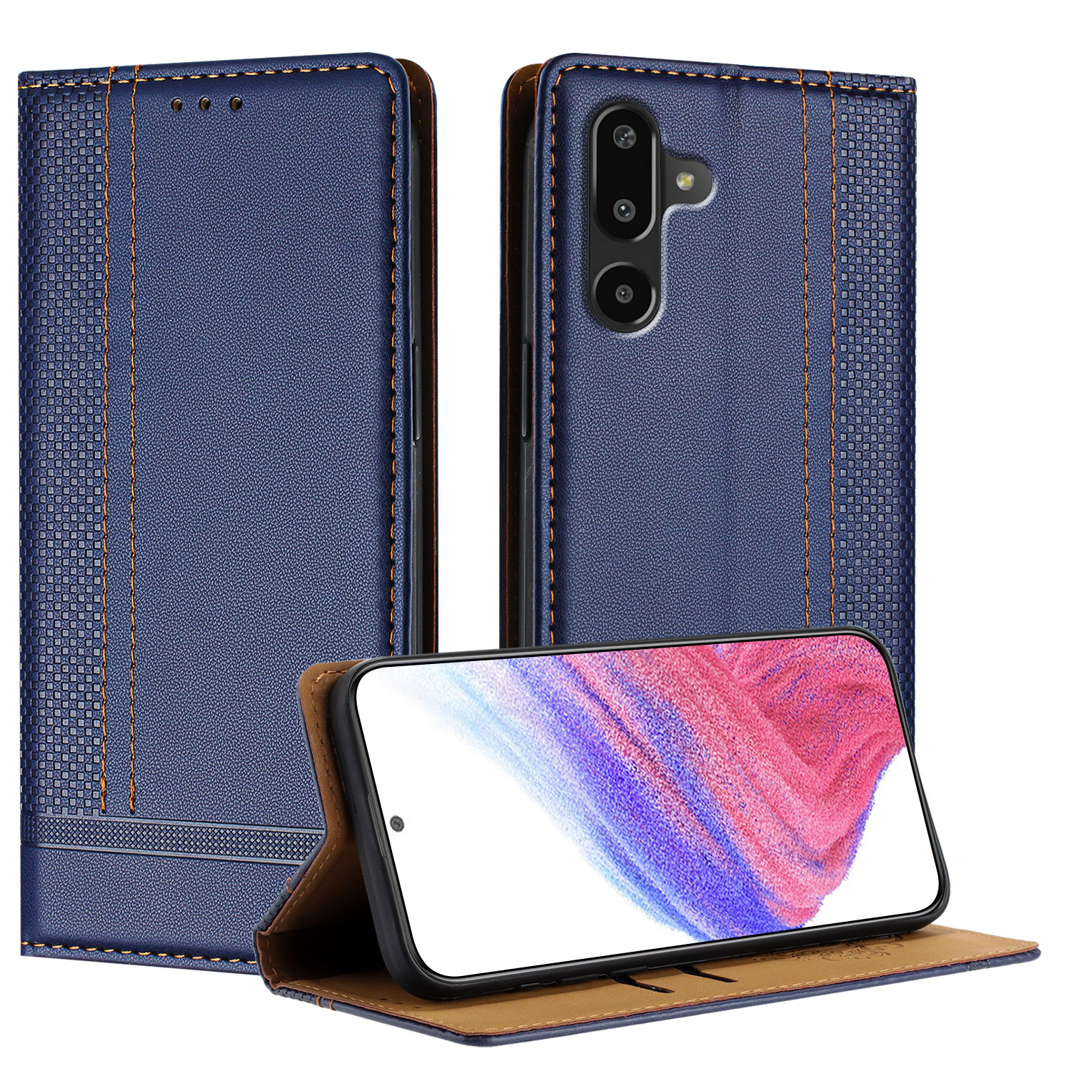For Samsung Galaxy M16 5G / Galaxy F16 5G Case L-Shaped Grid Pattern Leather Stand Phone Cover with Card Slots - Blue