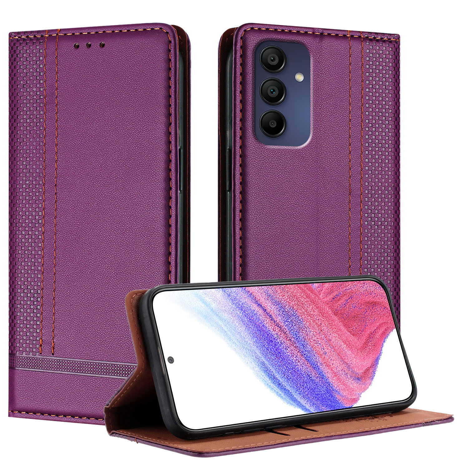 For Samsung Galaxy A16 4G / Galaxy A16 5G Case L-Shaped Grid Pattern Leather Stand Phone Cover with Card Slots - Purple