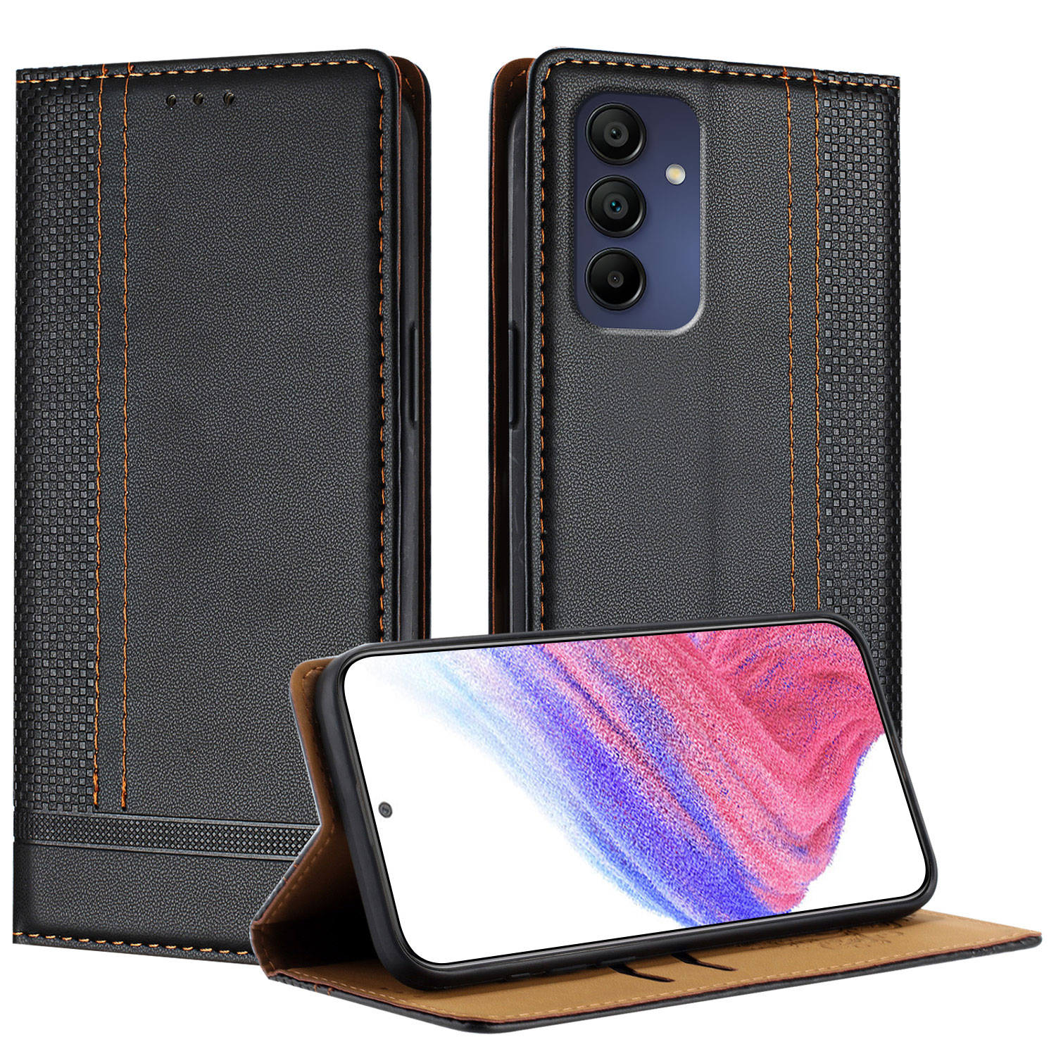 For Samsung Galaxy A16 4G / Galaxy A16 5G Case L-Shaped Grid Pattern Leather Stand Phone Cover with Card Slots - Black