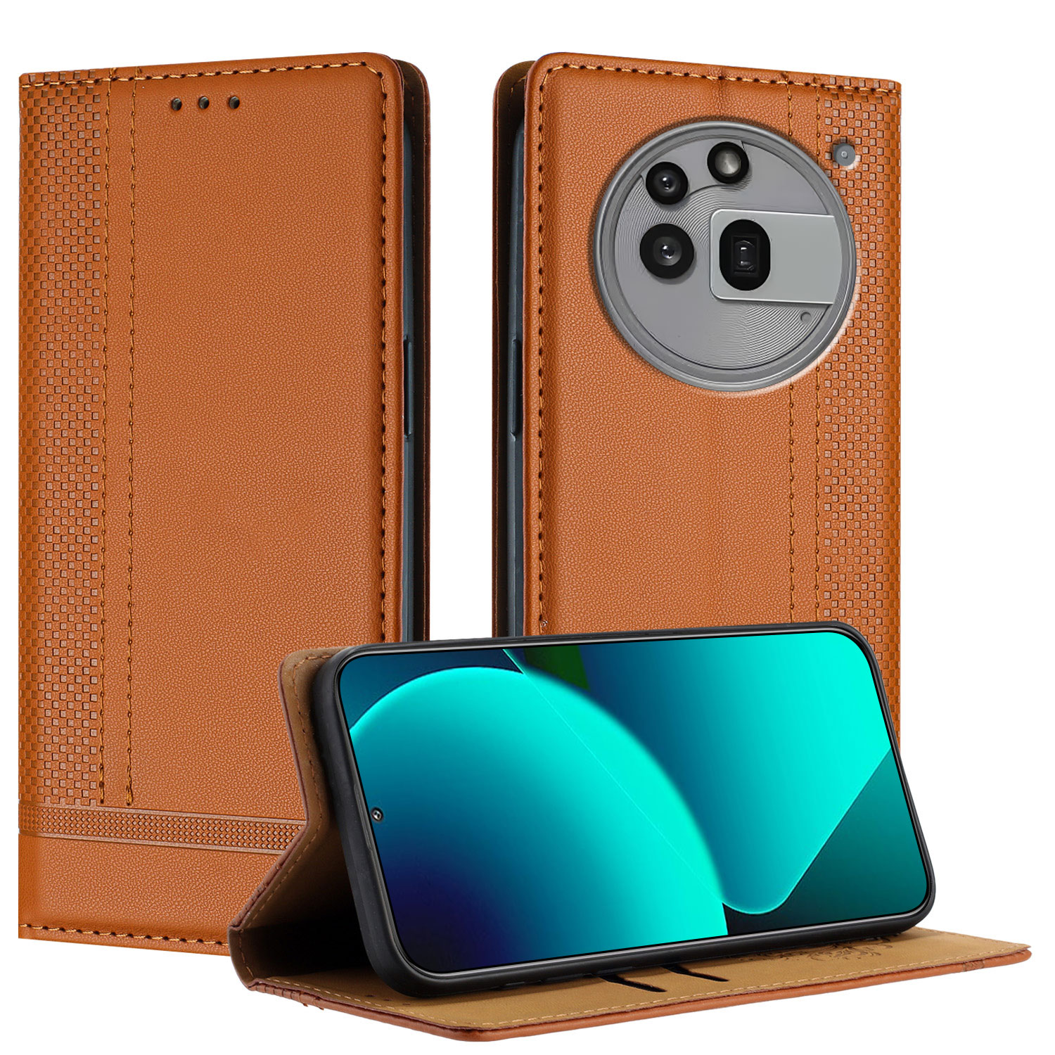 For Nothing Phone (3a) Pro Case L-Shaped Grid Pattern Leather Stand Phone Cover with Card Slots - Brown