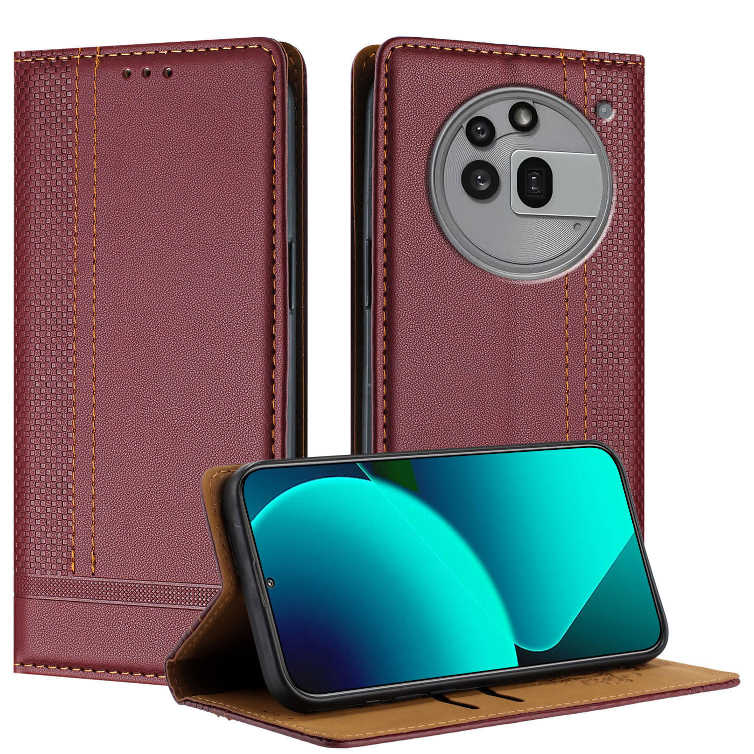 For Nothing Phone (3a) Pro Case L-Shaped Grid Pattern Leather Stand Phone Cover with Card Slots - Wine Red