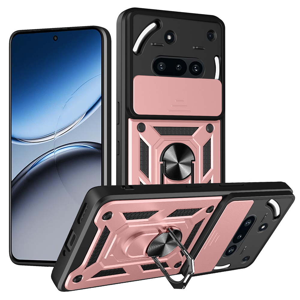 For Nothing Phone (3a) Case with Slide Camera Lid PC + TPU Kickstand Phone Cover - Rose Gold