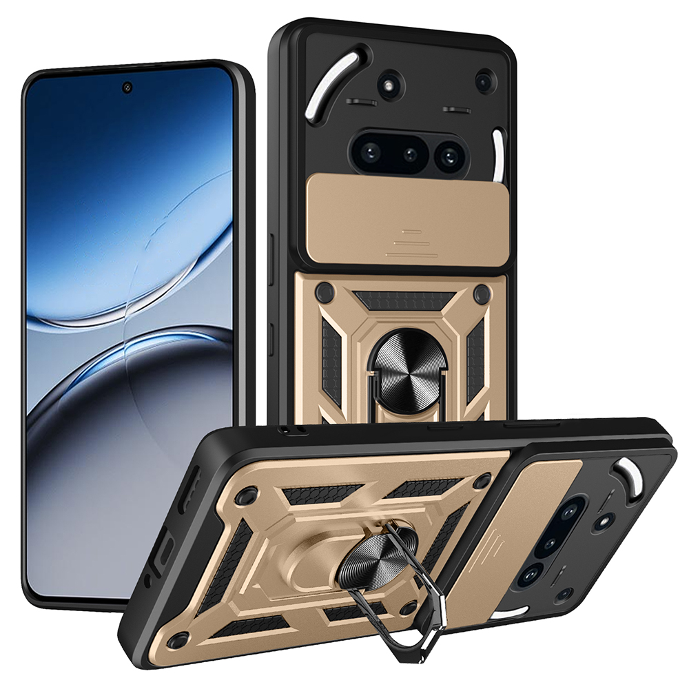 For Nothing Phone (3a) Case with Slide Camera Lid PC + TPU Kickstand Phone Cover - Gold