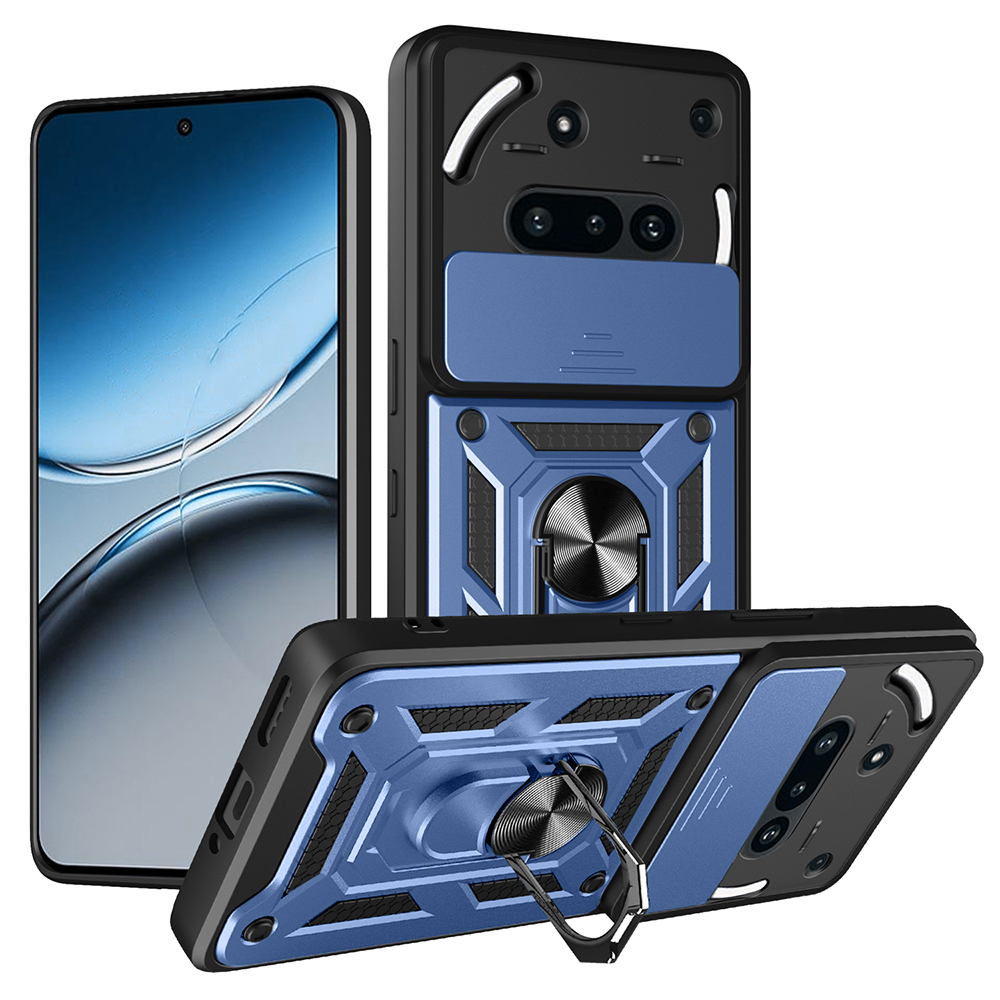 For Nothing Phone (3a) Case with Slide Camera Lid PC + TPU Kickstand Phone Cover - Blue