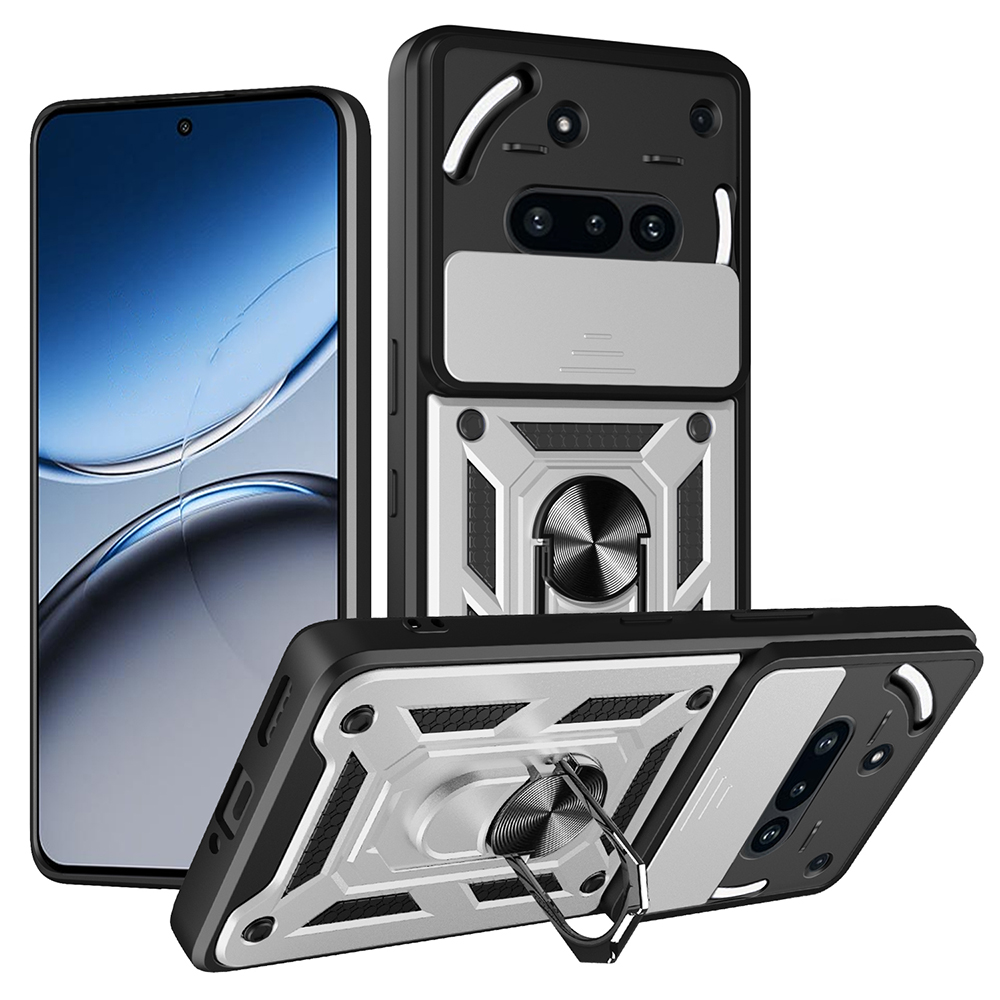 For Nothing Phone (3a) Case with Slide Camera Lid PC + TPU Kickstand Phone Cover - Silver