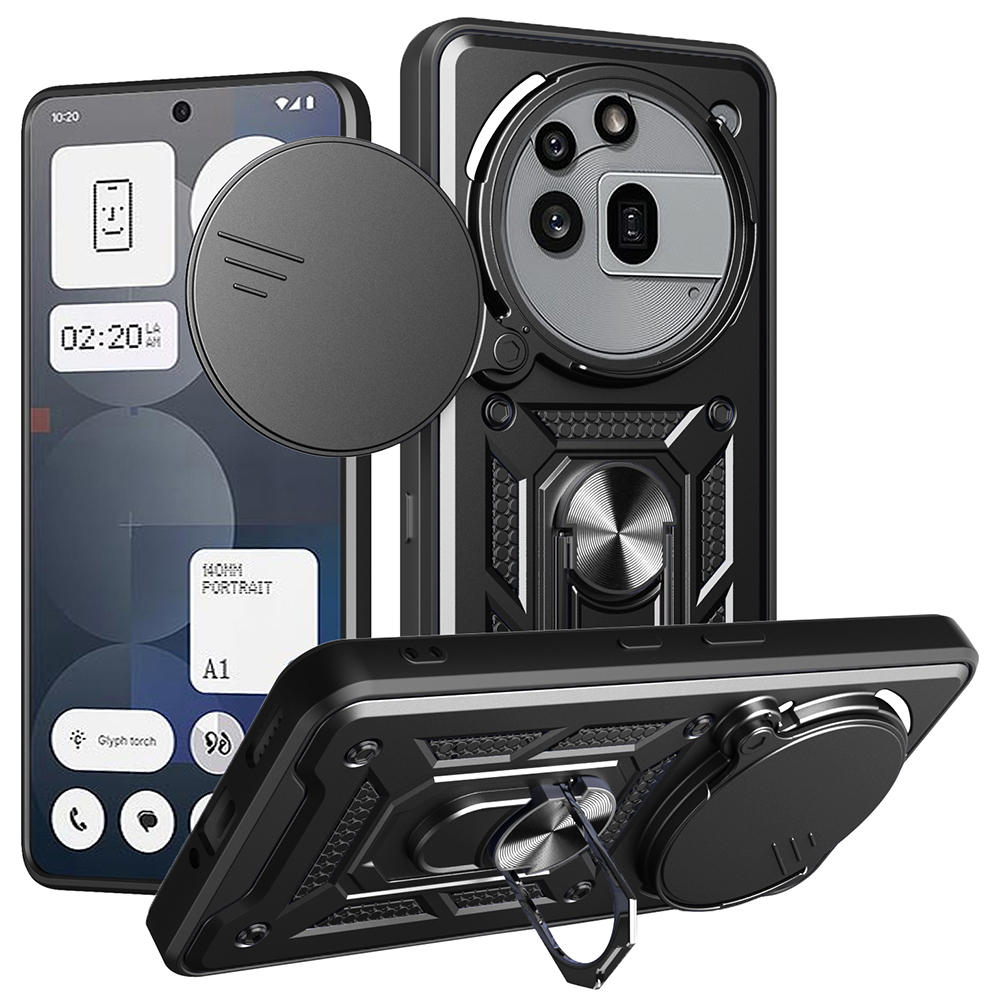 For Nothing Phone (3a) Pro Case with Slide Camera Lid PC + TPU Kickstand Phone Cover - Black