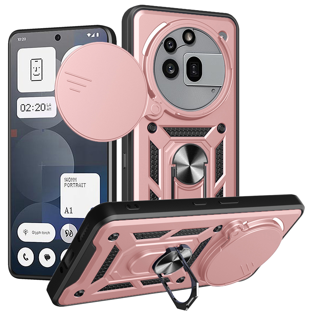 For Nothing Phone (3a) Pro Case with Slide Camera Lid PC + TPU Kickstand Phone Cover - Rose Gold