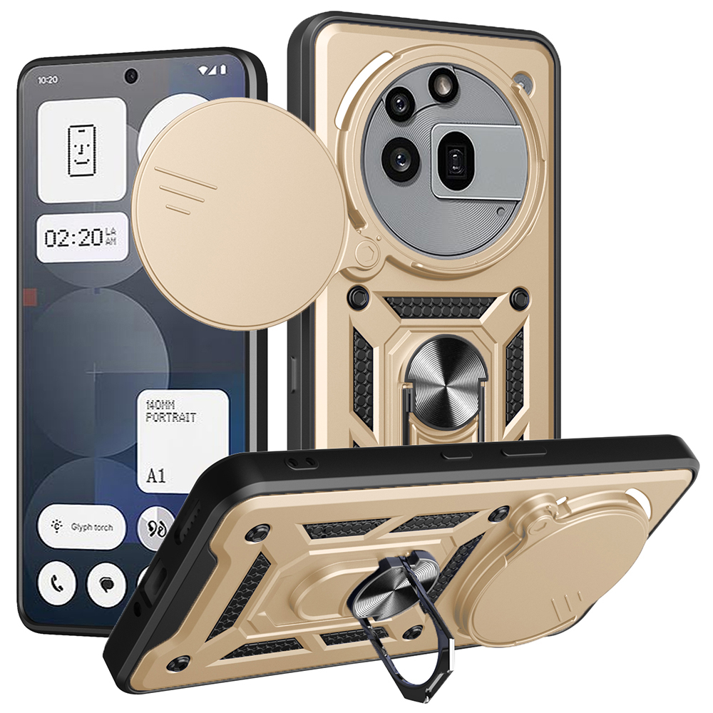 For Nothing Phone (3a) Pro Case with Slide Camera Lid PC + TPU Kickstand Phone Cover - Gold