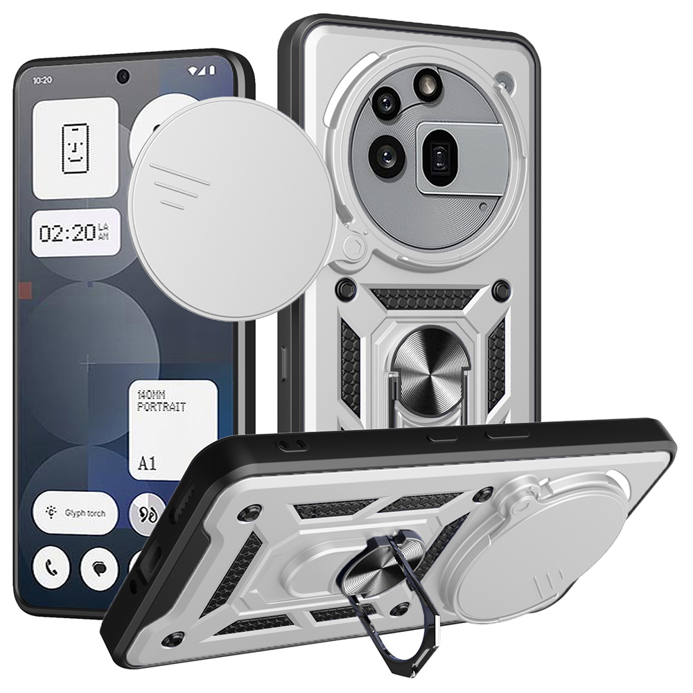 For Nothing Phone (3a) Pro Case with Slide Camera Lid PC + TPU Kickstand Phone Cover - Silver
