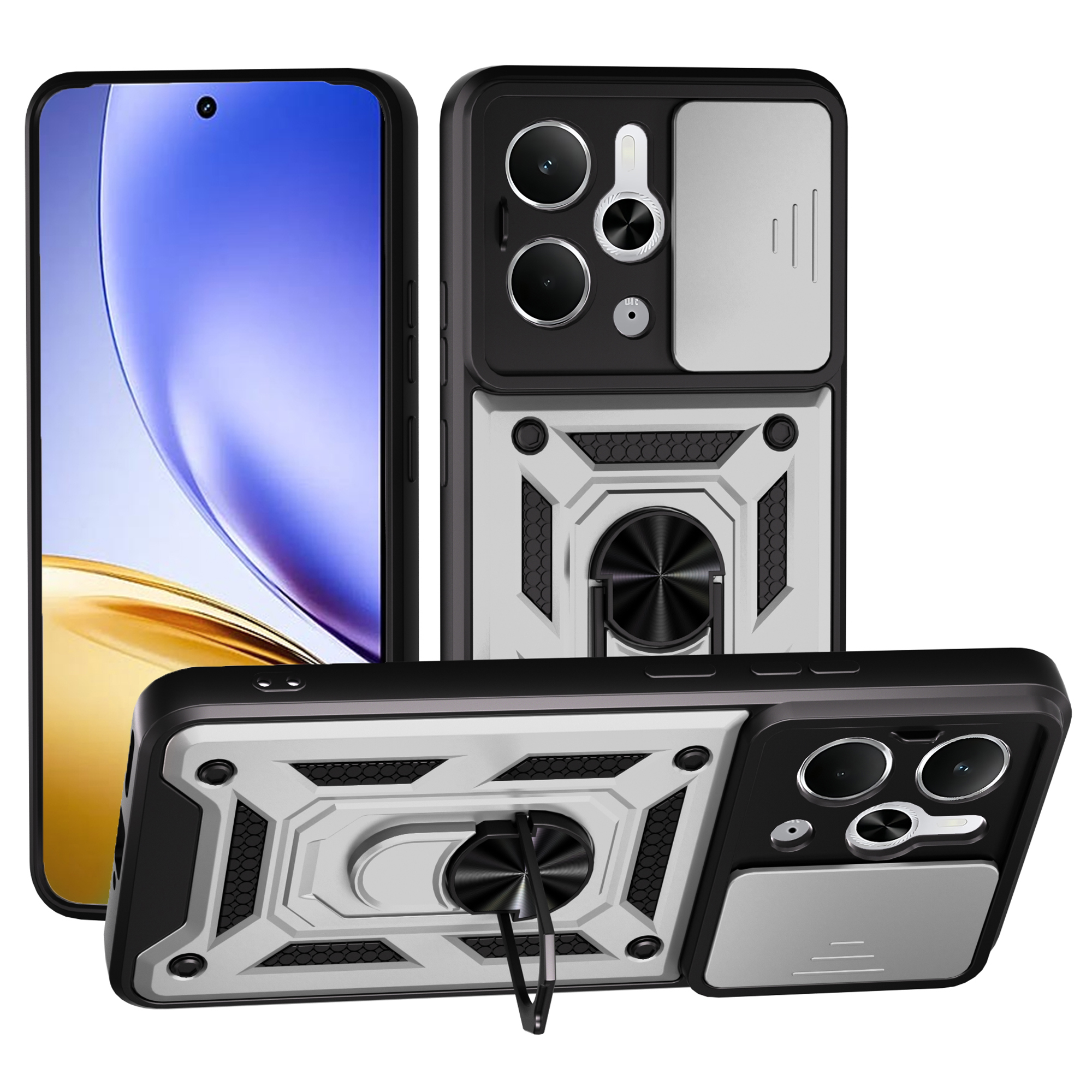 For Realme Neo7x 5G / P3 5G Case with Slide Camera Lid PC + TPU Kickstand Phone Cover - Silver