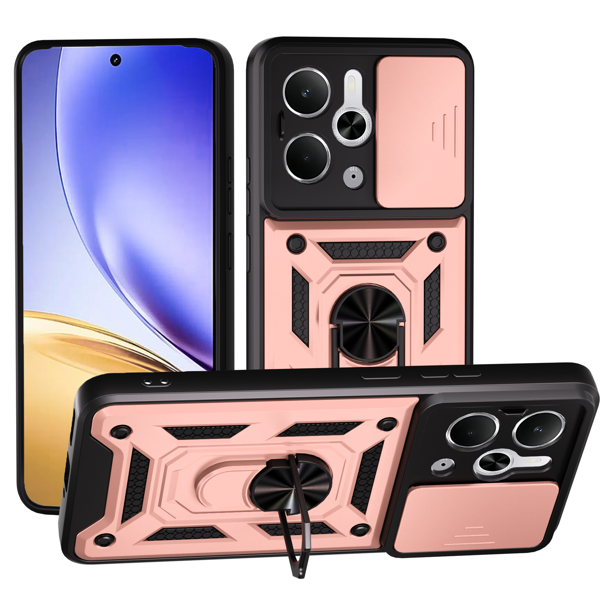 For Realme Neo7x 5G / P3 5G Case with Slide Camera Lid PC + TPU Kickstand Phone Cover - Rose Gold