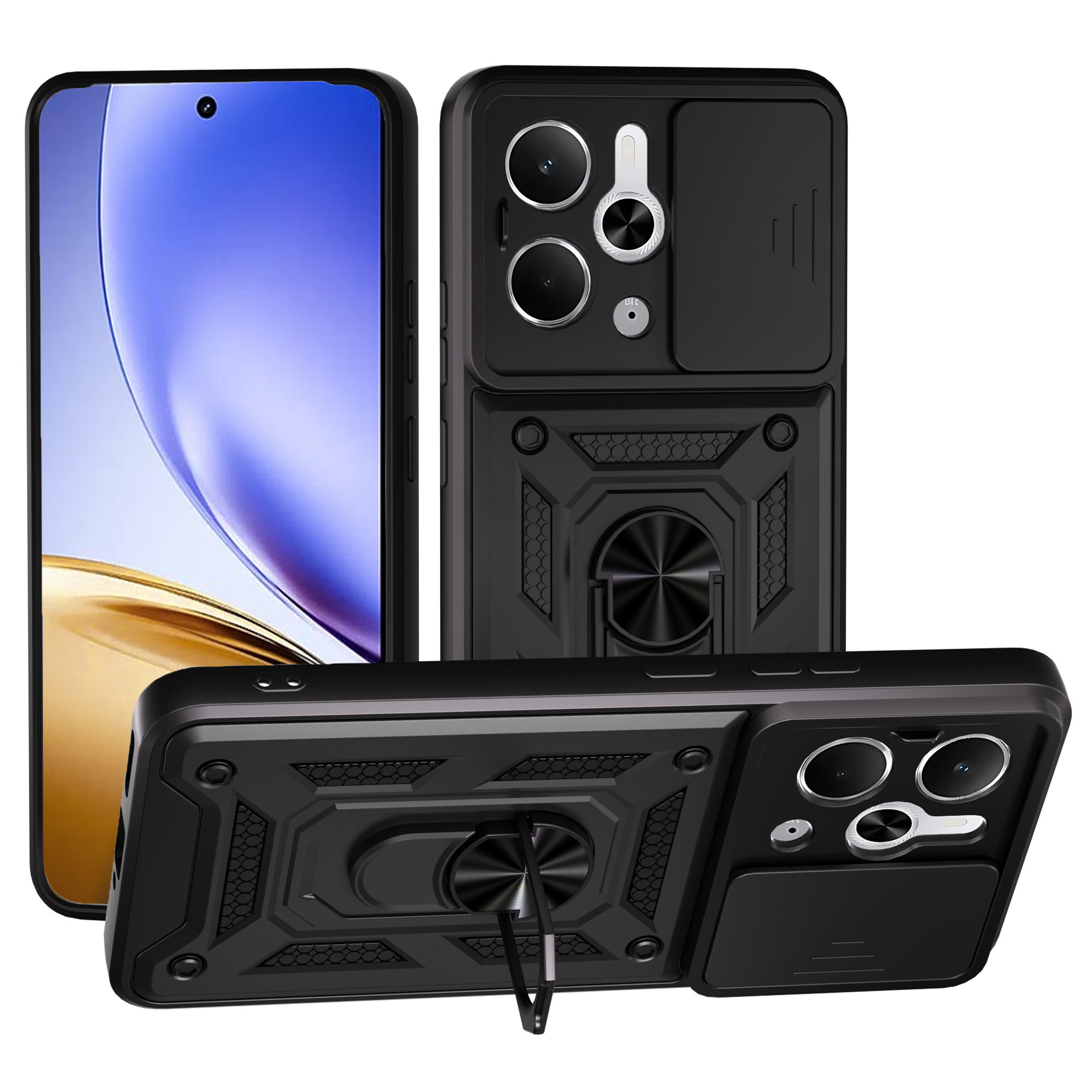 For Realme Neo7x 5G / P3 5G Case with Slide Camera Lid PC + TPU Kickstand Phone Cover - Black