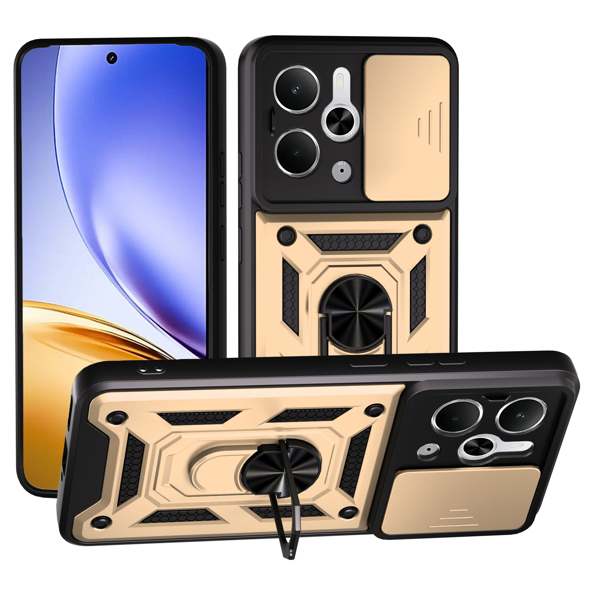 For Realme Neo7x 5G / P3 5G Case with Slide Camera Lid PC + TPU Kickstand Phone Cover - Gold