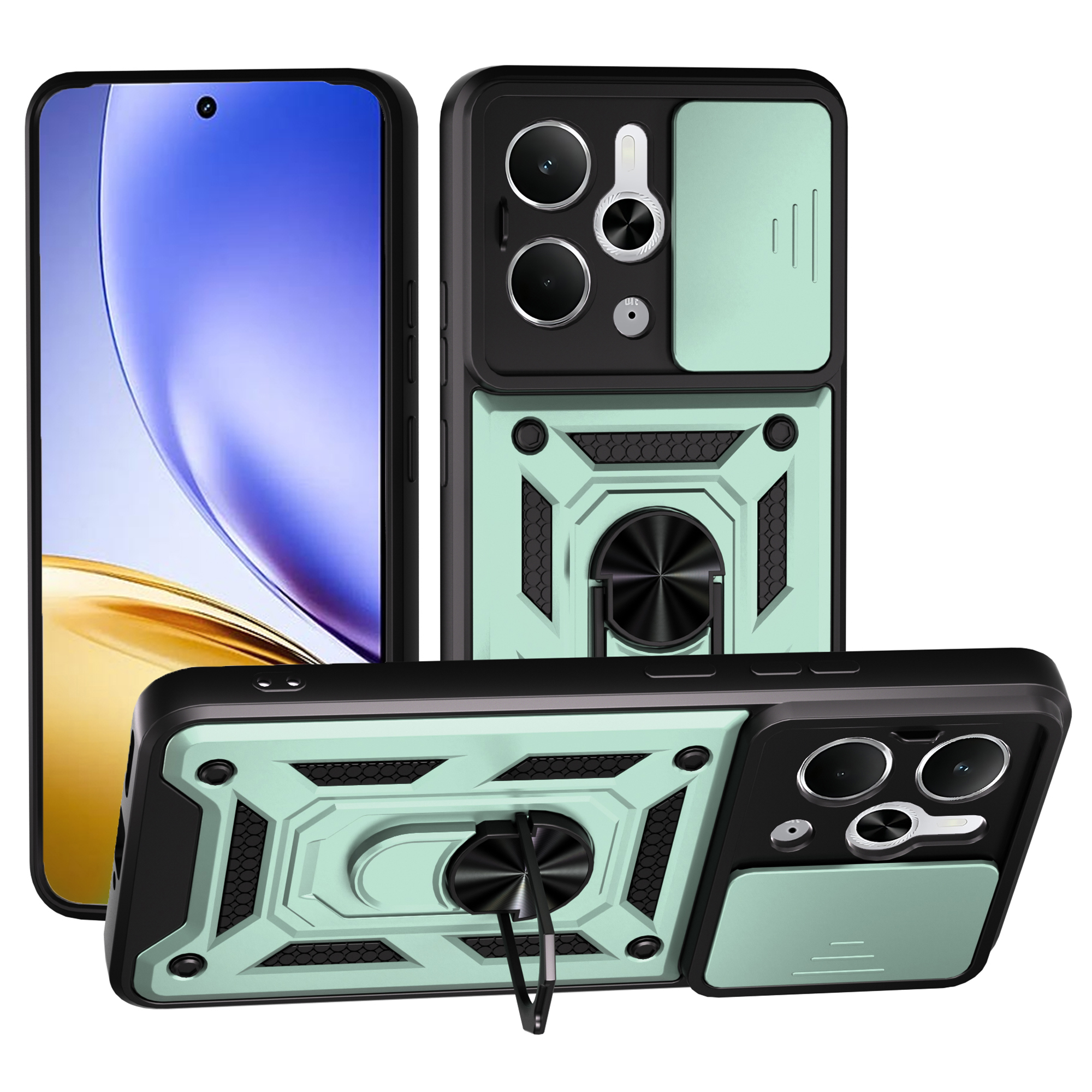 For Realme Neo7x 5G / P3 5G Case with Slide Camera Lid PC + TPU Kickstand Phone Cover - Green