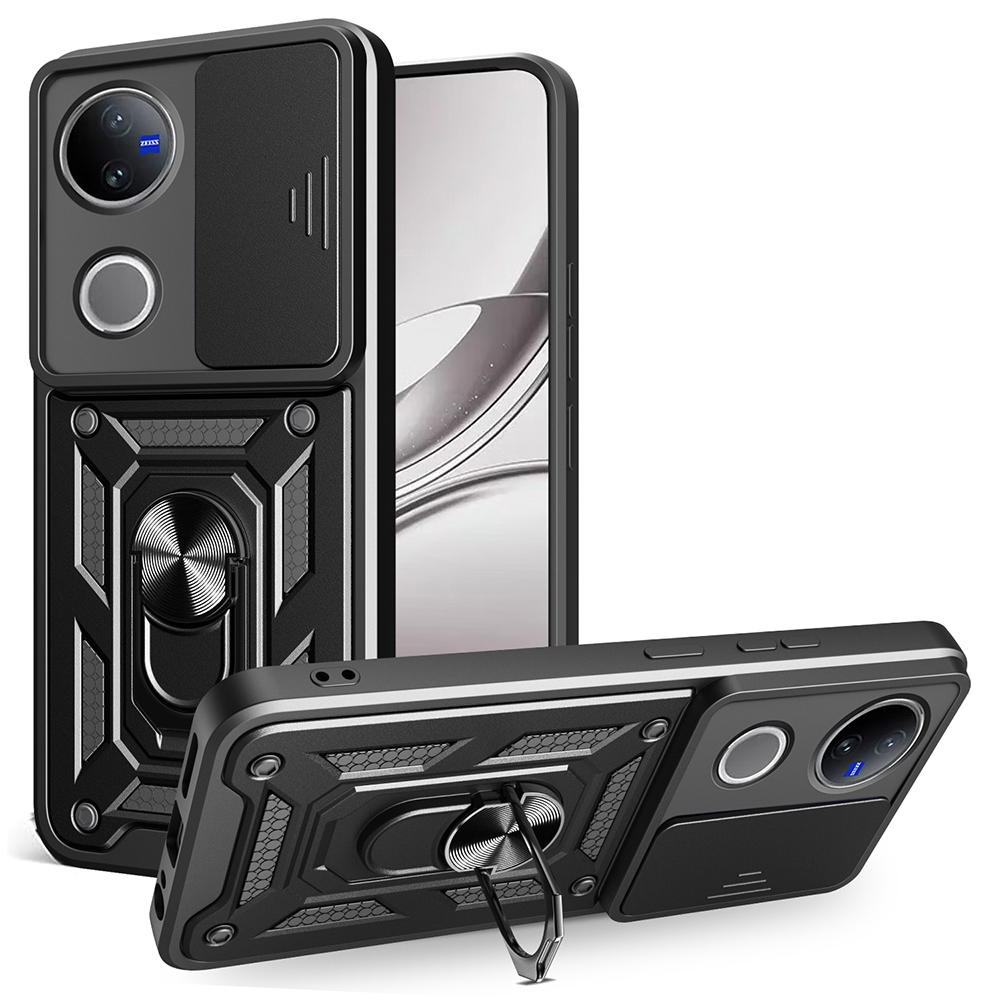 For vivo V50 5G Case with Slide Camera Lid PC + TPU Kickstand Phone Cover - Black