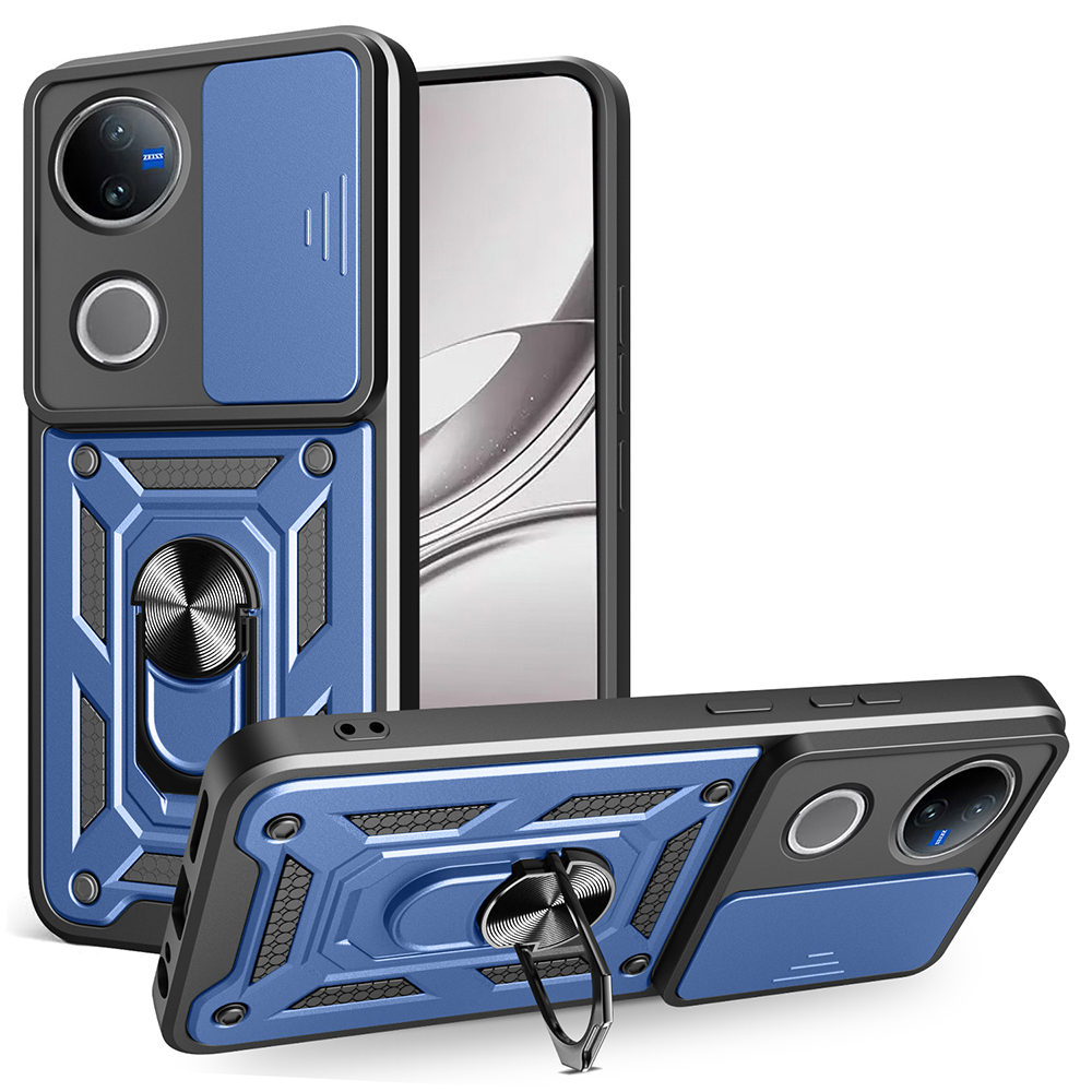 For vivo V50 5G Case with Slide Camera Lid PC + TPU Kickstand Phone Cover - Blue