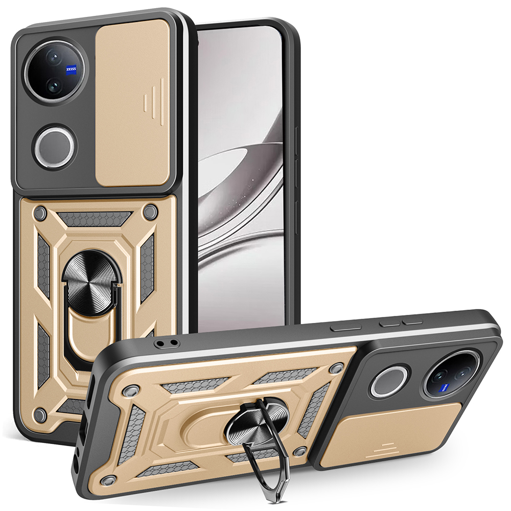 For vivo V50 5G Case with Slide Camera Lid PC + TPU Kickstand Phone Cover - Gold