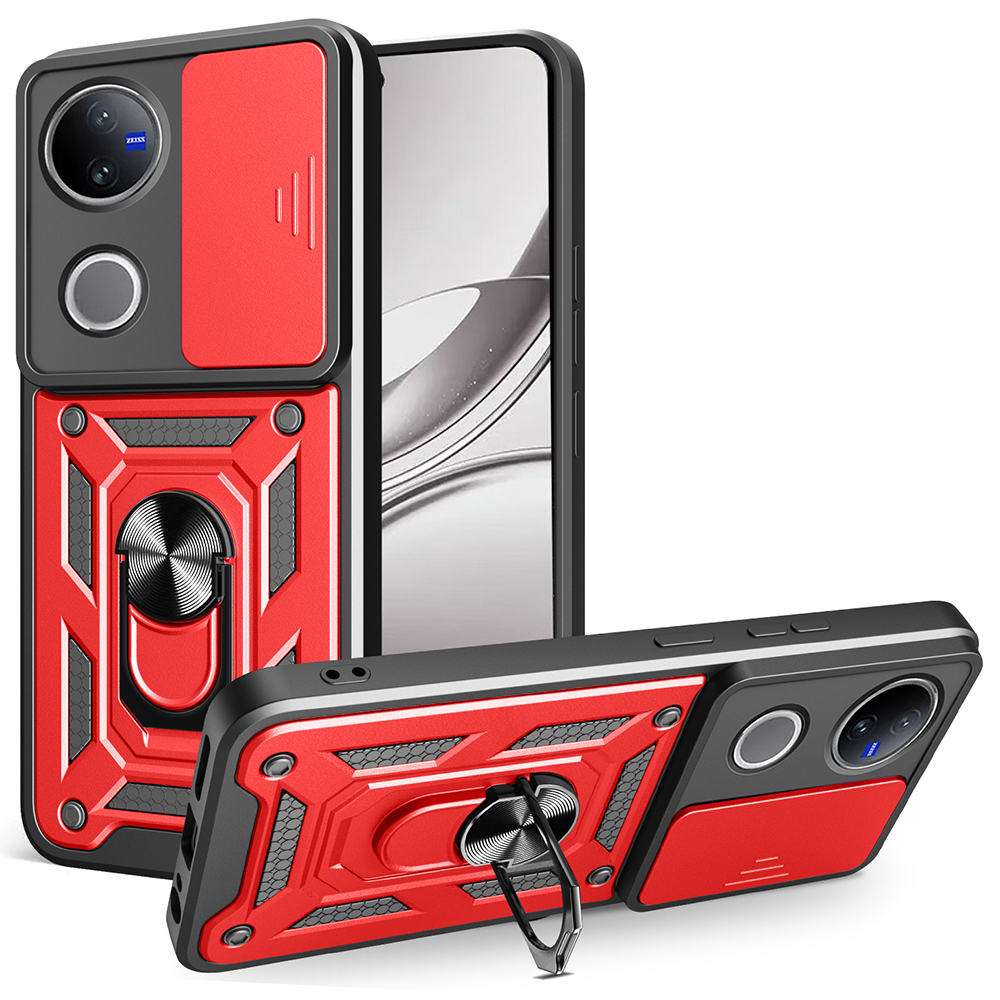 For vivo V50 5G Case with Slide Camera Lid PC + TPU Kickstand Phone Cover - Red
