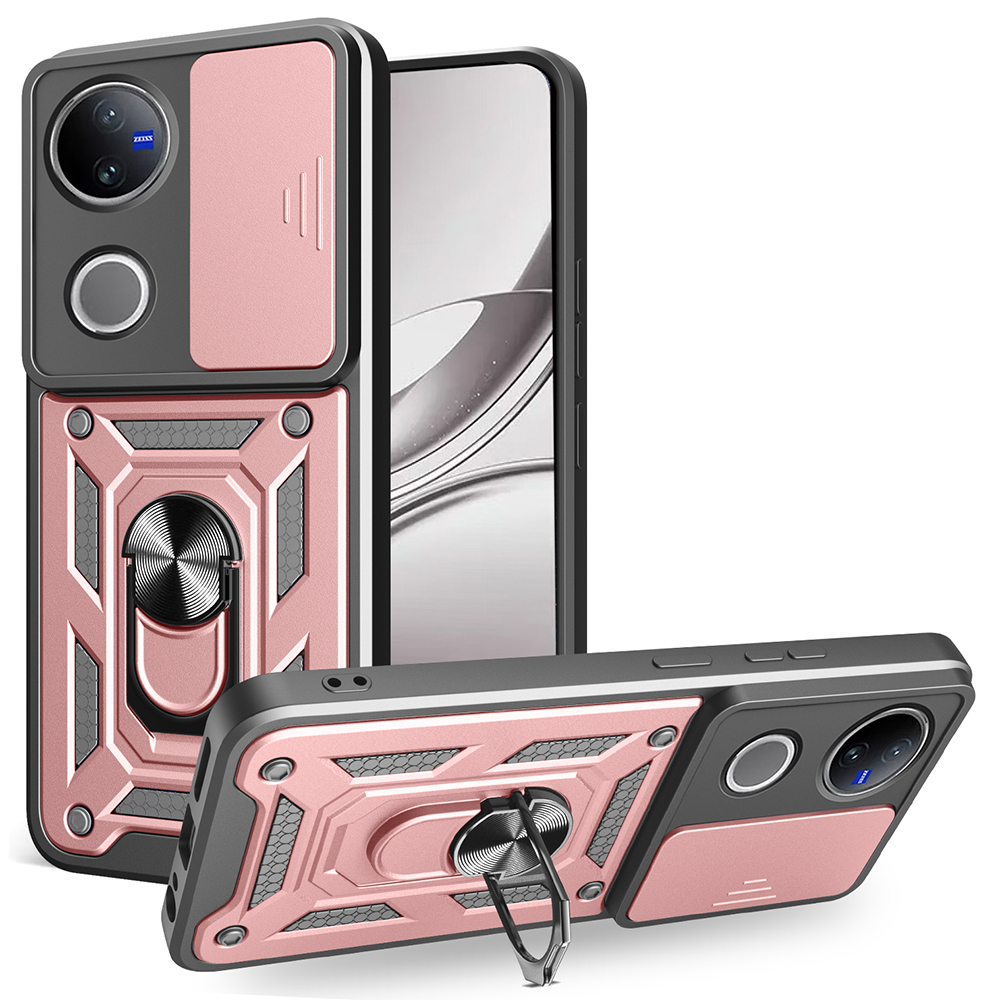 For vivo V50 5G Case with Slide Camera Lid PC + TPU Kickstand Phone Cover - Rose Gold