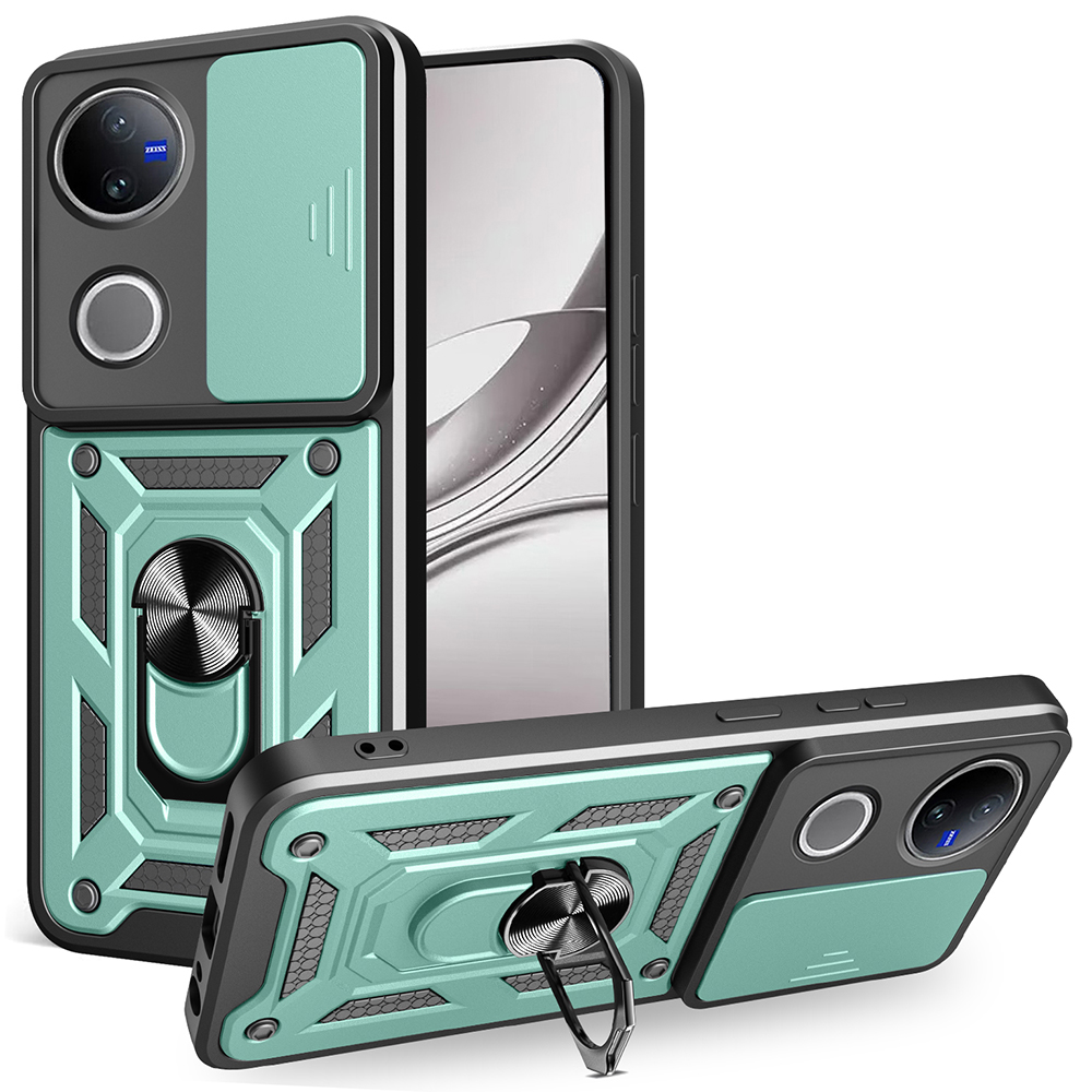 For vivo V50 5G Case with Slide Camera Lid PC + TPU Kickstand Phone Cover - Green