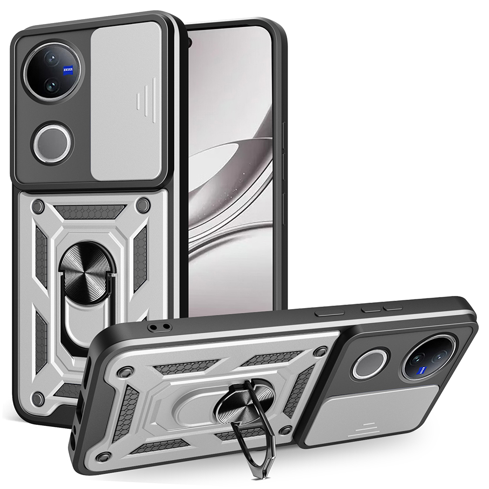 For vivo V50 5G Case with Slide Camera Lid PC + TPU Kickstand Phone Cover - Silver